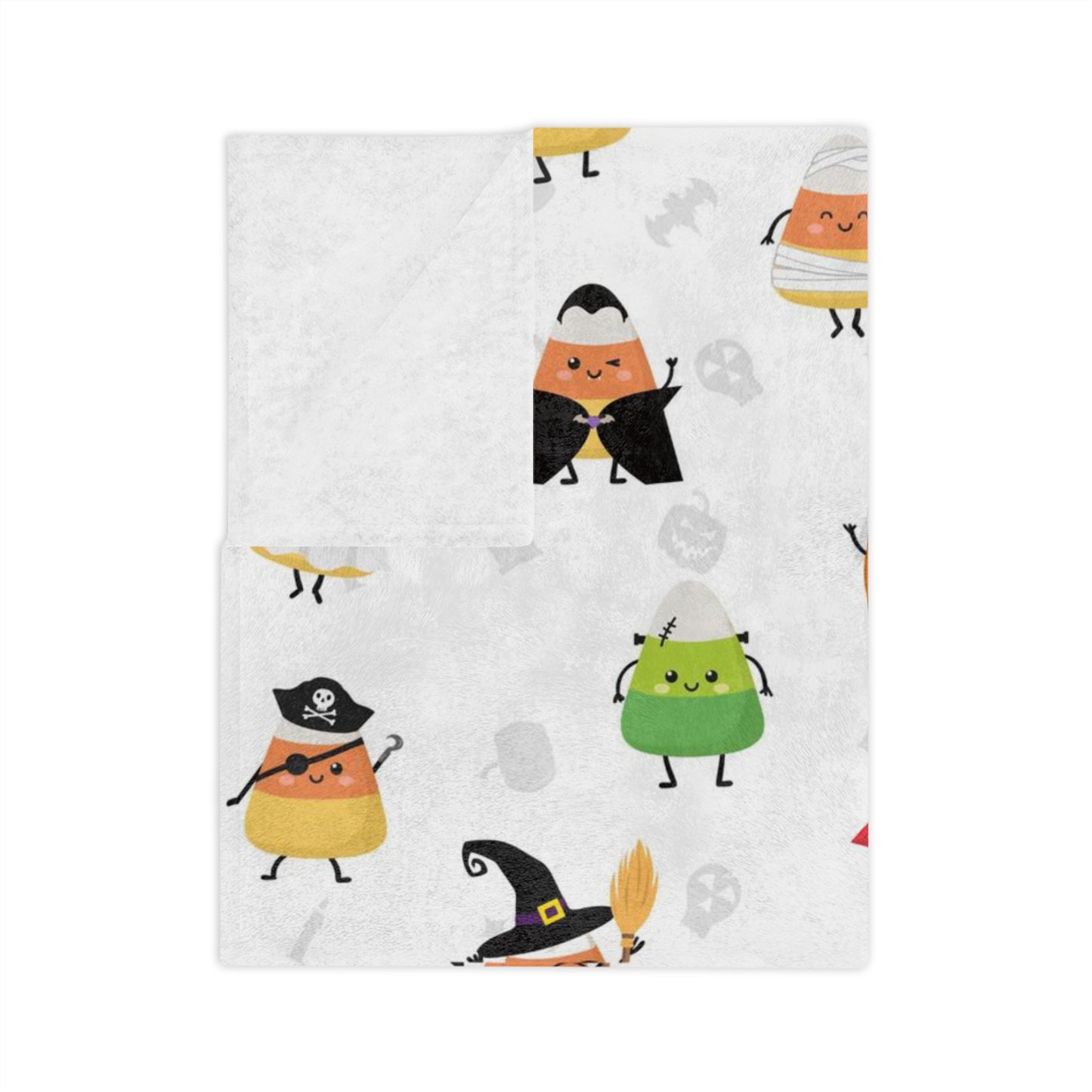 Halloween Blanket with candy corn for spooky season. Candy corns with Halloween costumes for Halloween lovers