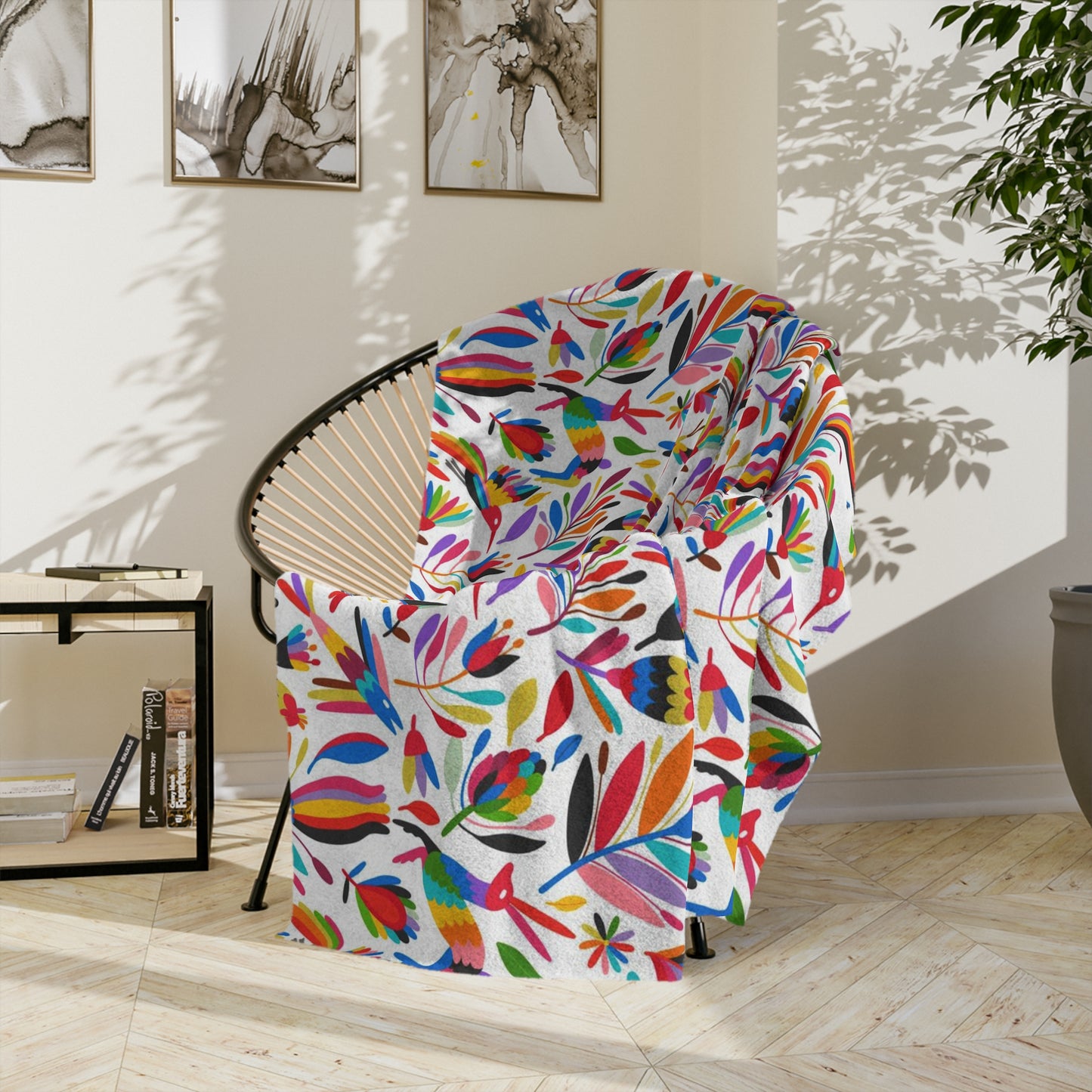 Otomi art Velveteen Minky Blanket for Mexican friends or Mexican family. Mexican blanket with colorful Otomi art.