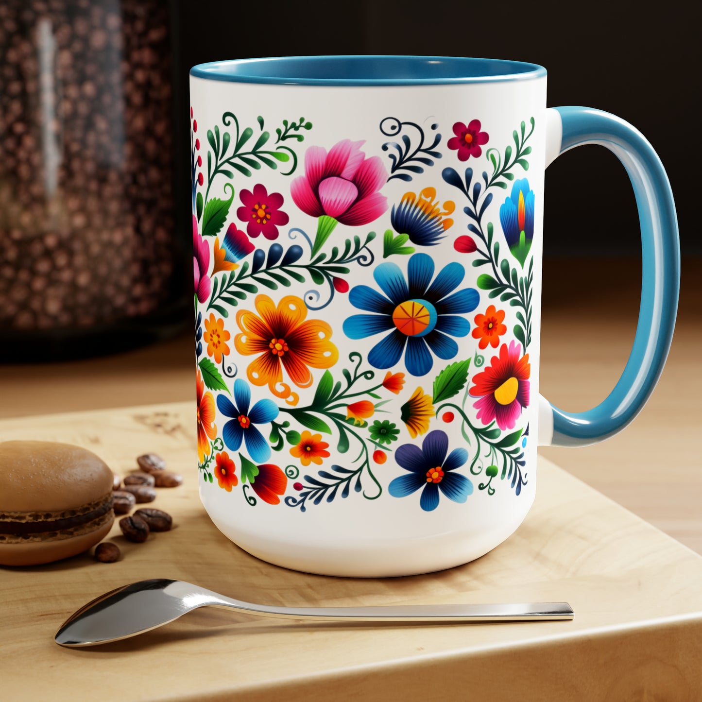 Mexican flowers Coffee Mugs, 15oz for Mexican mom, comadre or Mexican tia. Tia gift, Mothers Day gift ideas. Madrina gift. Mexican folk art