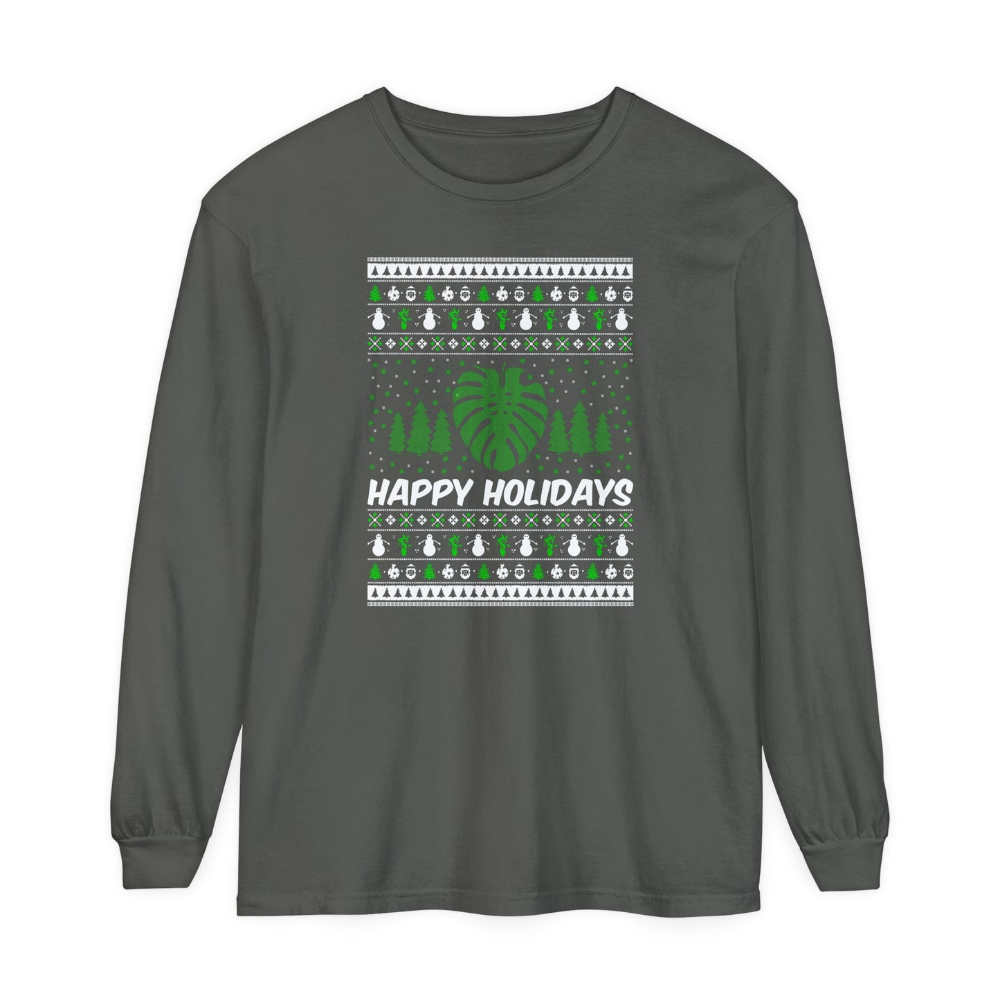 Happy holidays ugly sweater Unisex Jersey Long Sleeve Tee. Christmas ugly sweater with monstera leaf and snow flakes.
