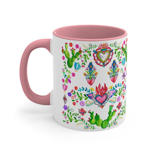 Sacred hearts and cactus Coffee Mug, 11oz. Mexican folk art mug