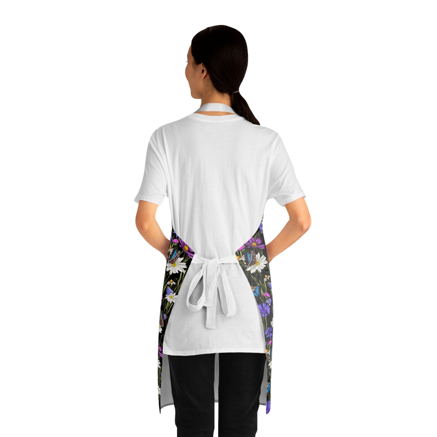 Purple and white wildflowers Apron with cute butterflies. Mothers Day gift for garden lover or grandma