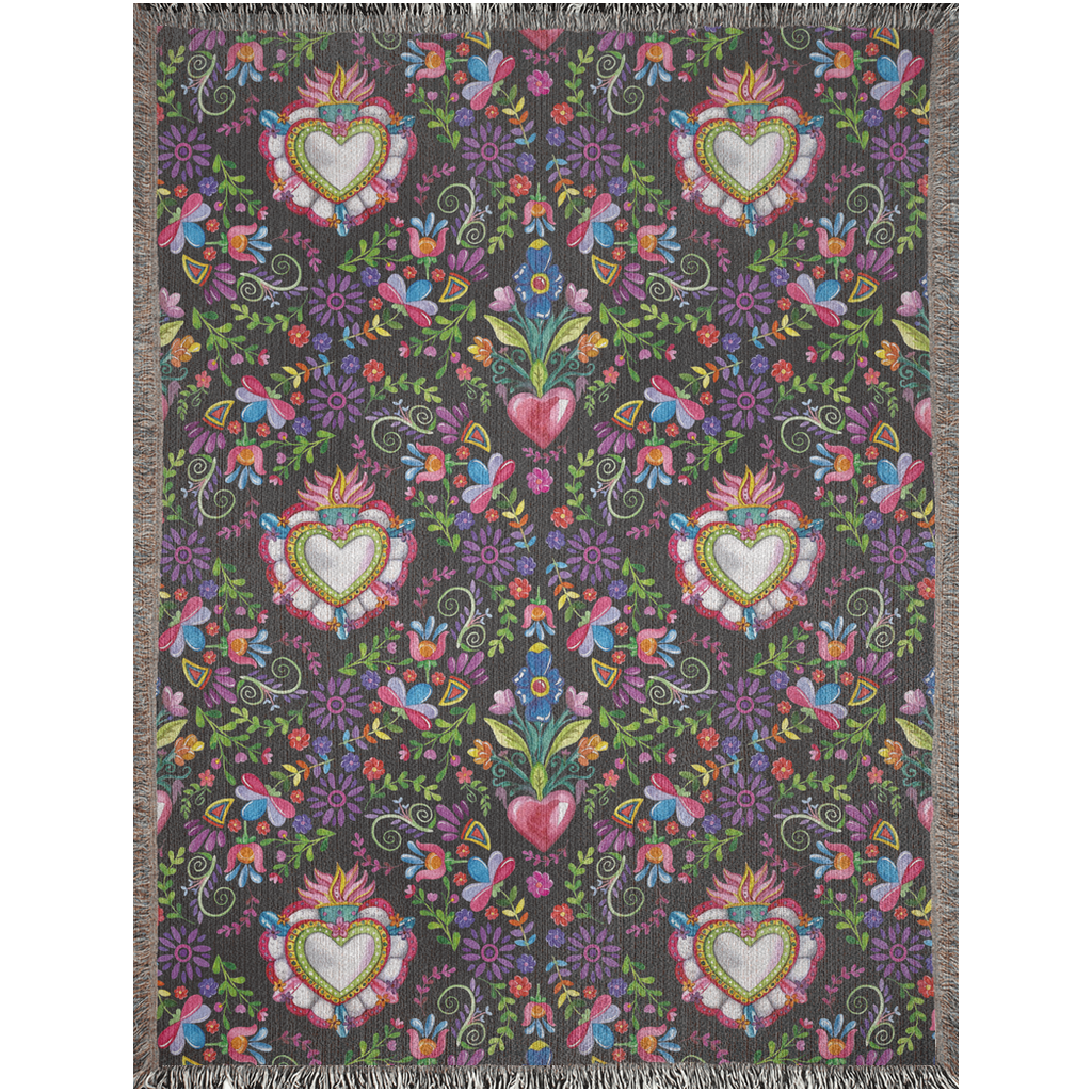 Flowers And Sacred Hearts Woven Blanket For Him Or Her. Christmas Gift For Friends. Housewarming Gift Ideas