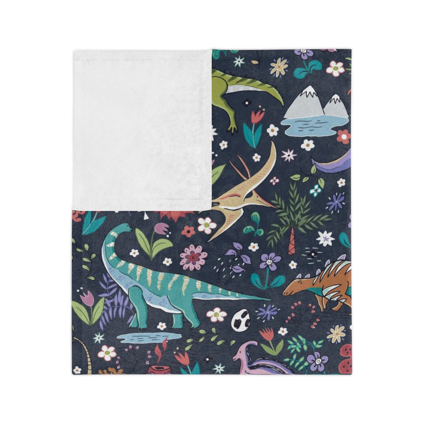 Dinosaur world Velveteen Minky Blanket with dark background.