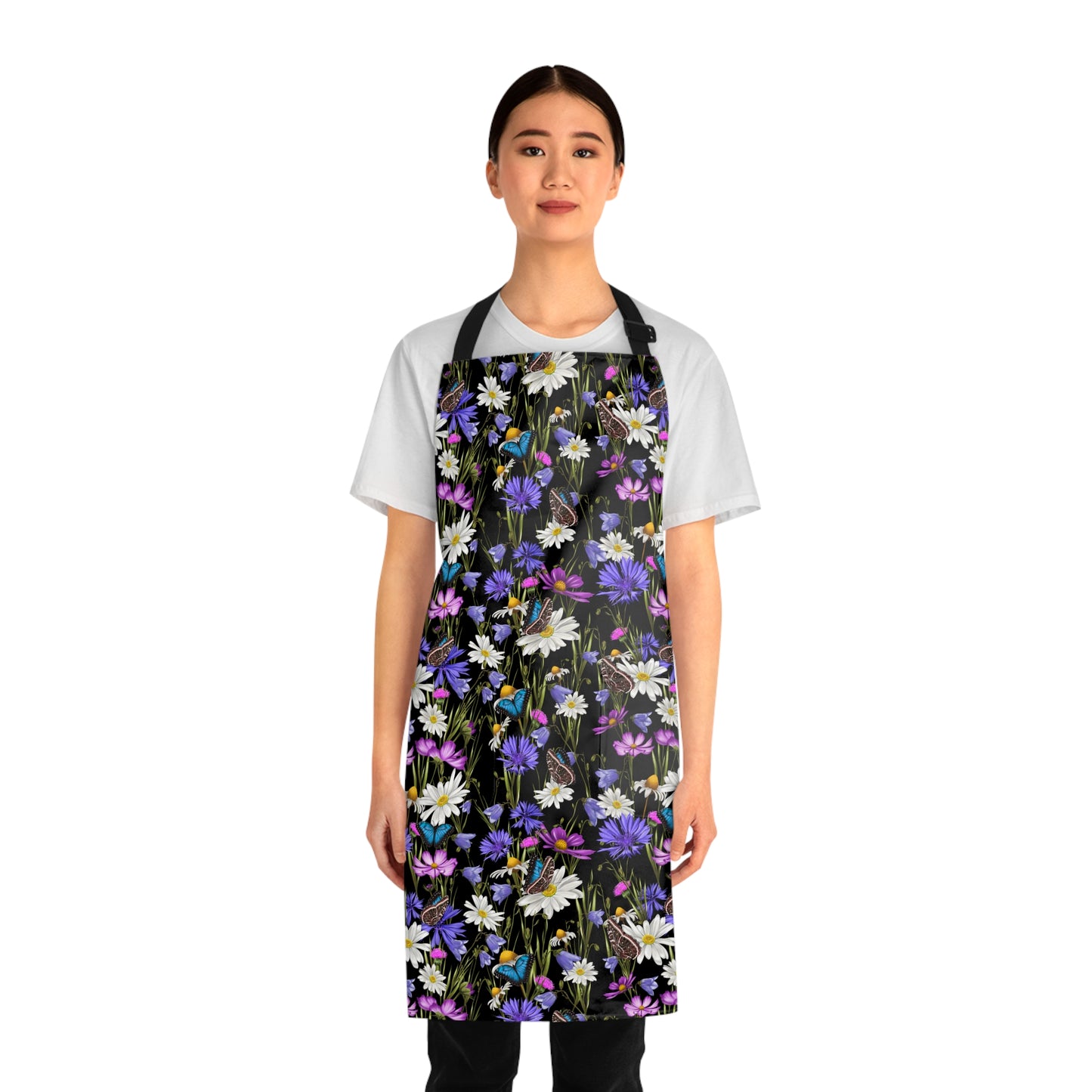 Purple and white wildflowers Apron with cute butterflies. Mothers Day gift for garden lover or grandma