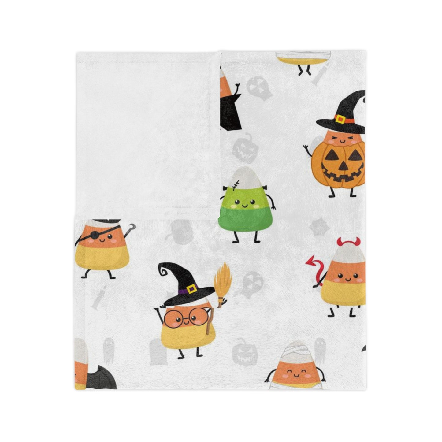 Halloween Blanket with candy corn for spooky season. Candy corns with Halloween costumes for Halloween lovers