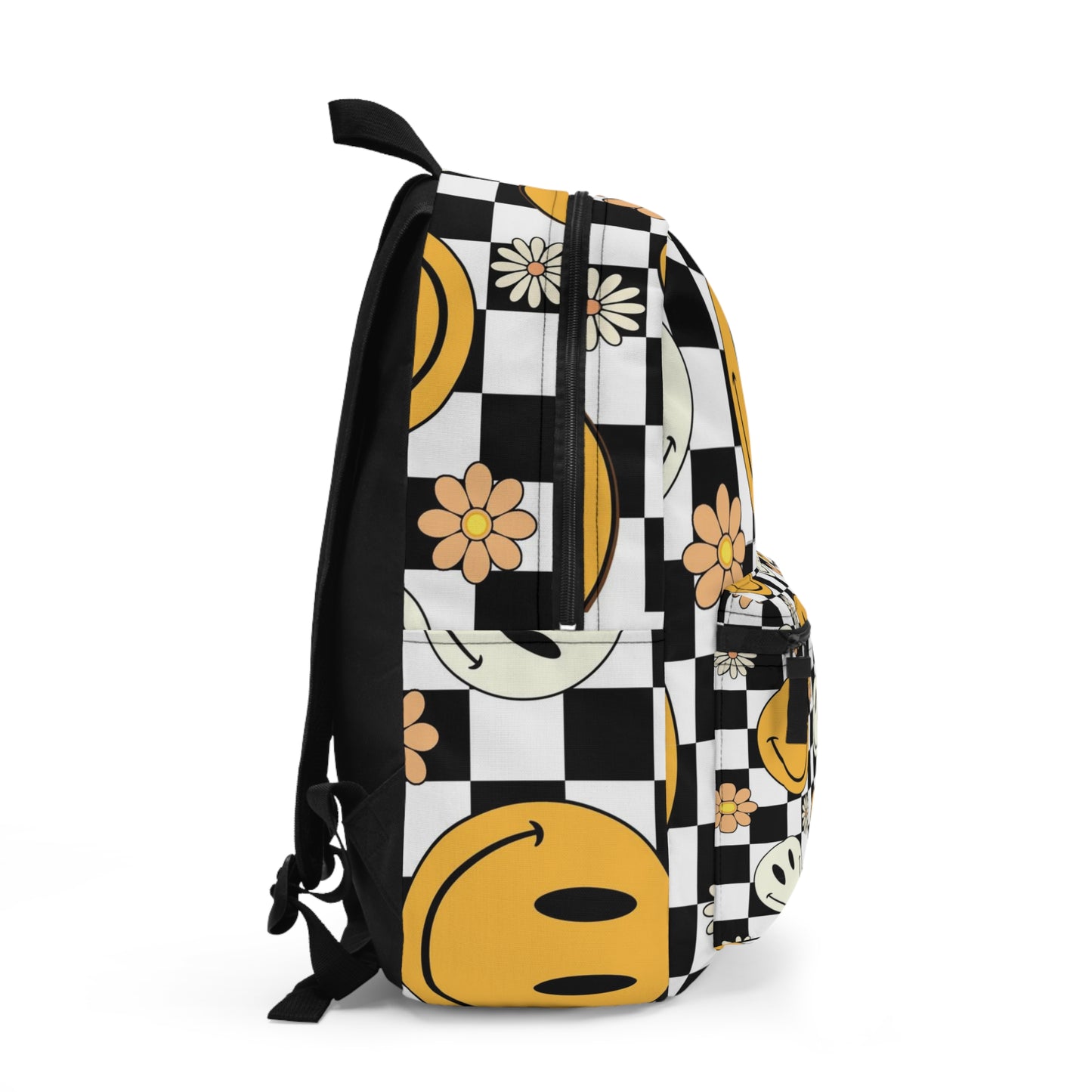 Happy face and Daisy flowers Backpack. Black and white Checkered and yellow and white happy face backpack for him or her. Back to school bag