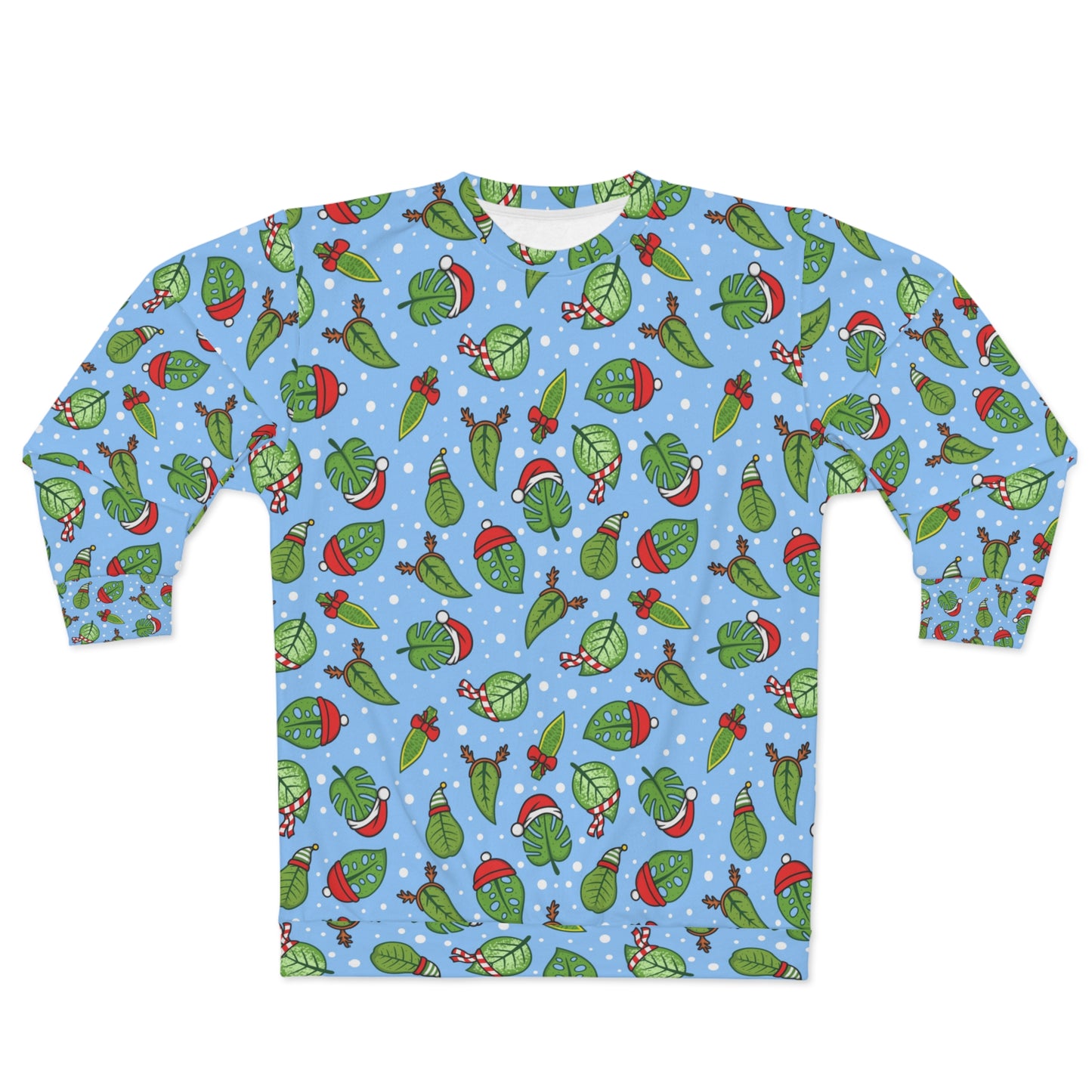 Christmas ugly sweater for plant lovers, Sweatshirt with houseplants leaves and Christmas decorations for holidays season.