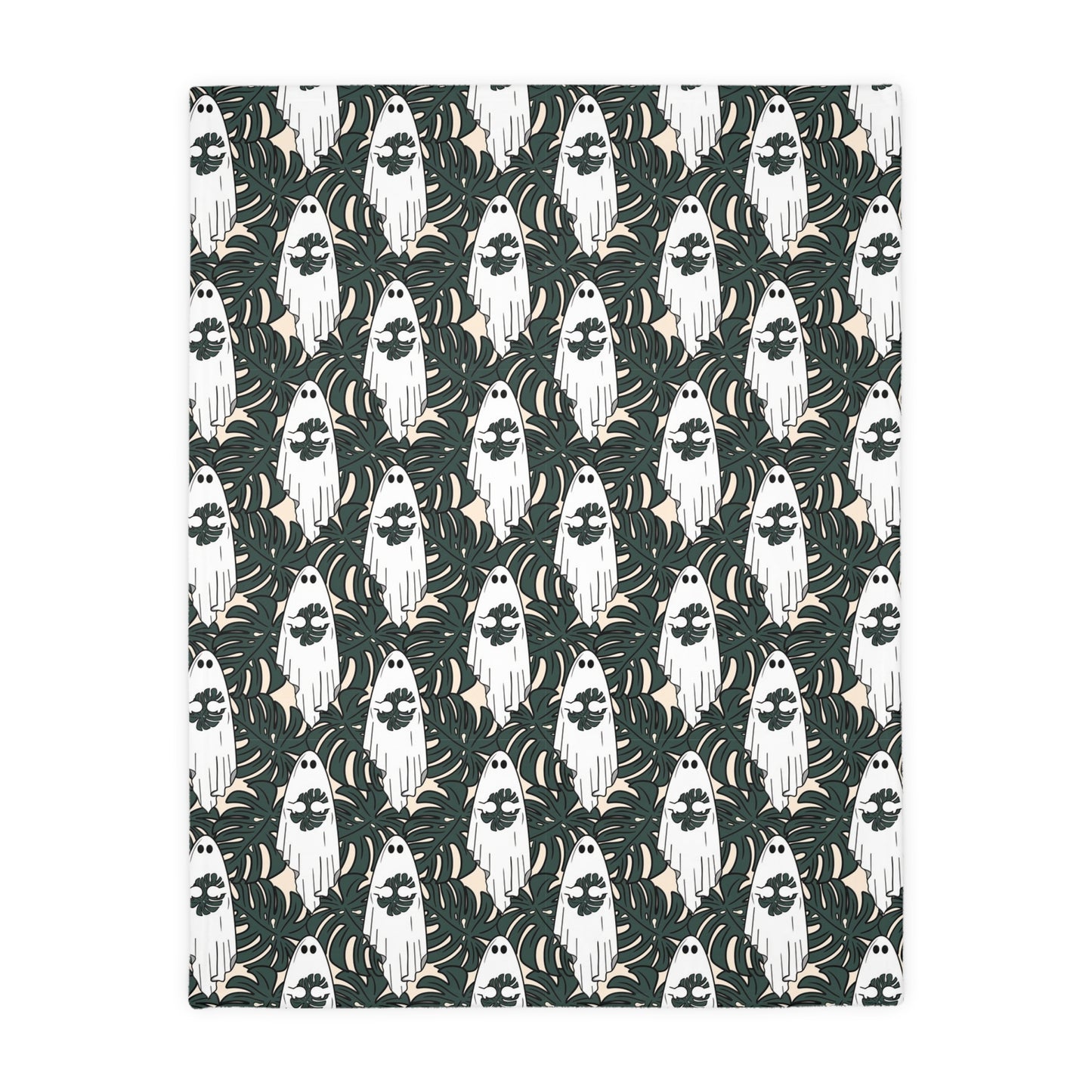 Ghost Blanket Printed on Both Sides. Soft Large Halloween blanket 80x60 Inches. Ghost holding a monstera leaf