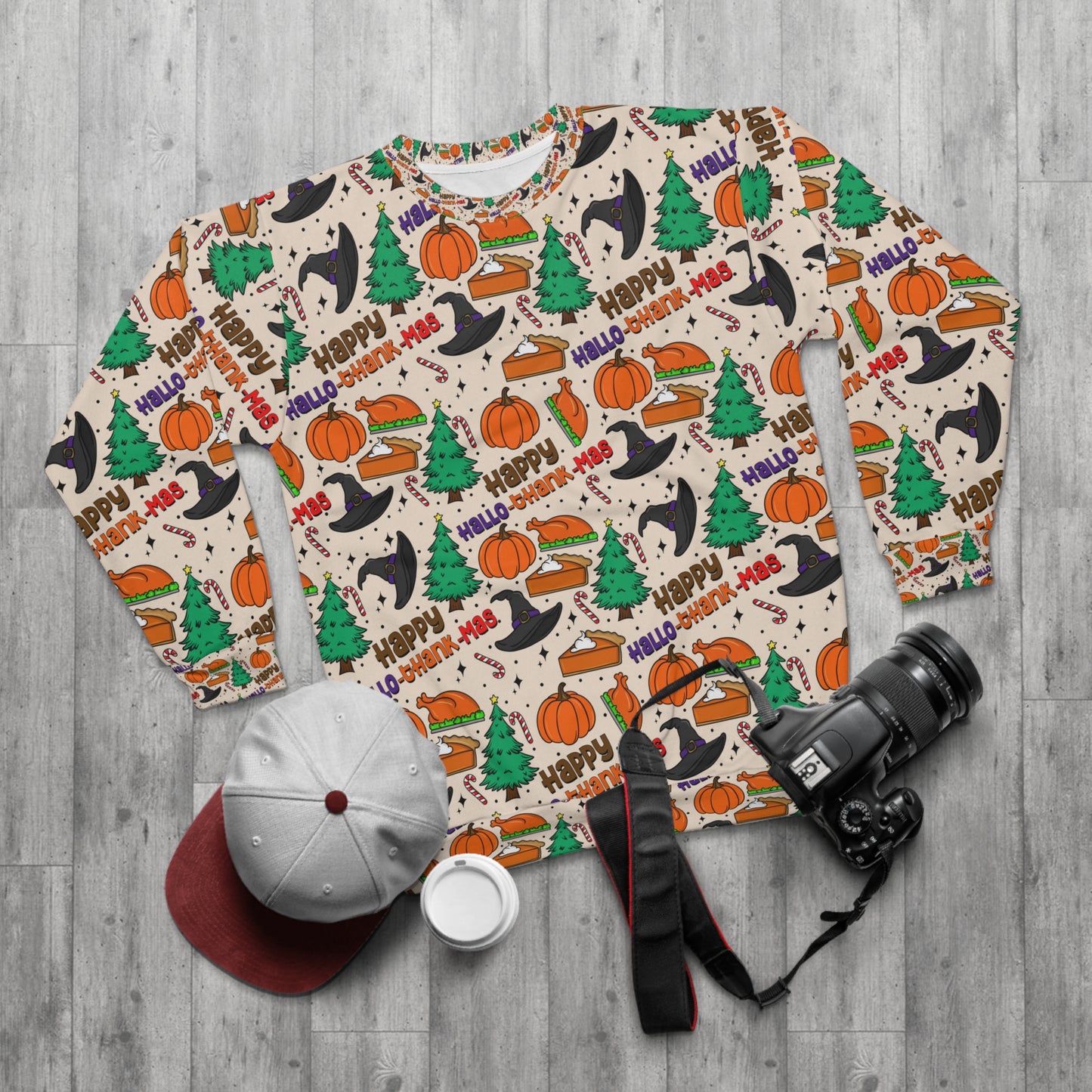 Happy HalloThankMas Unisex Sweatshirt. Happy Halloween, happy thanks giving and Merry Christmas, holiday season sweatshirts