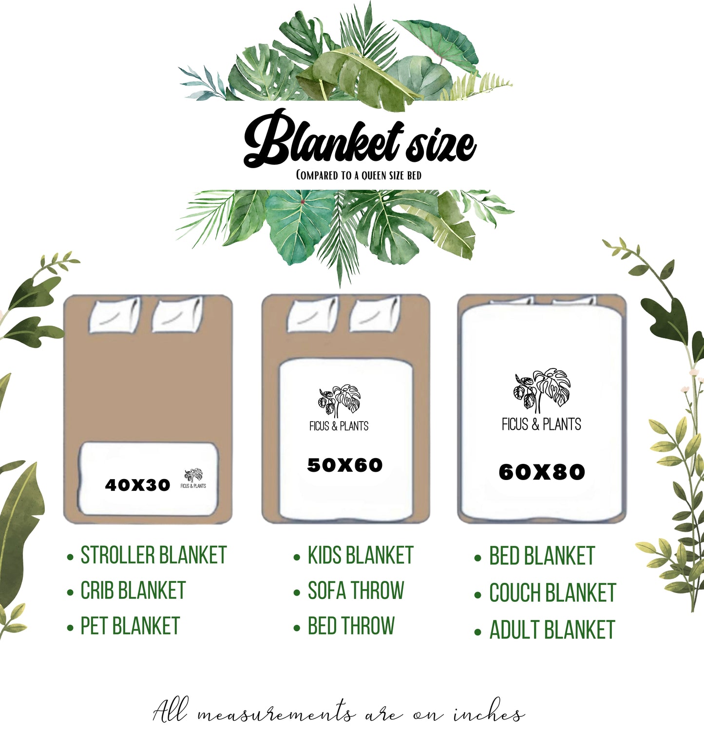 Botanical throw Blanket With plants, Fern Leaves Blanket. Green Plant Leaves with foliage and evergreen plants. Plant throw printed blanket.