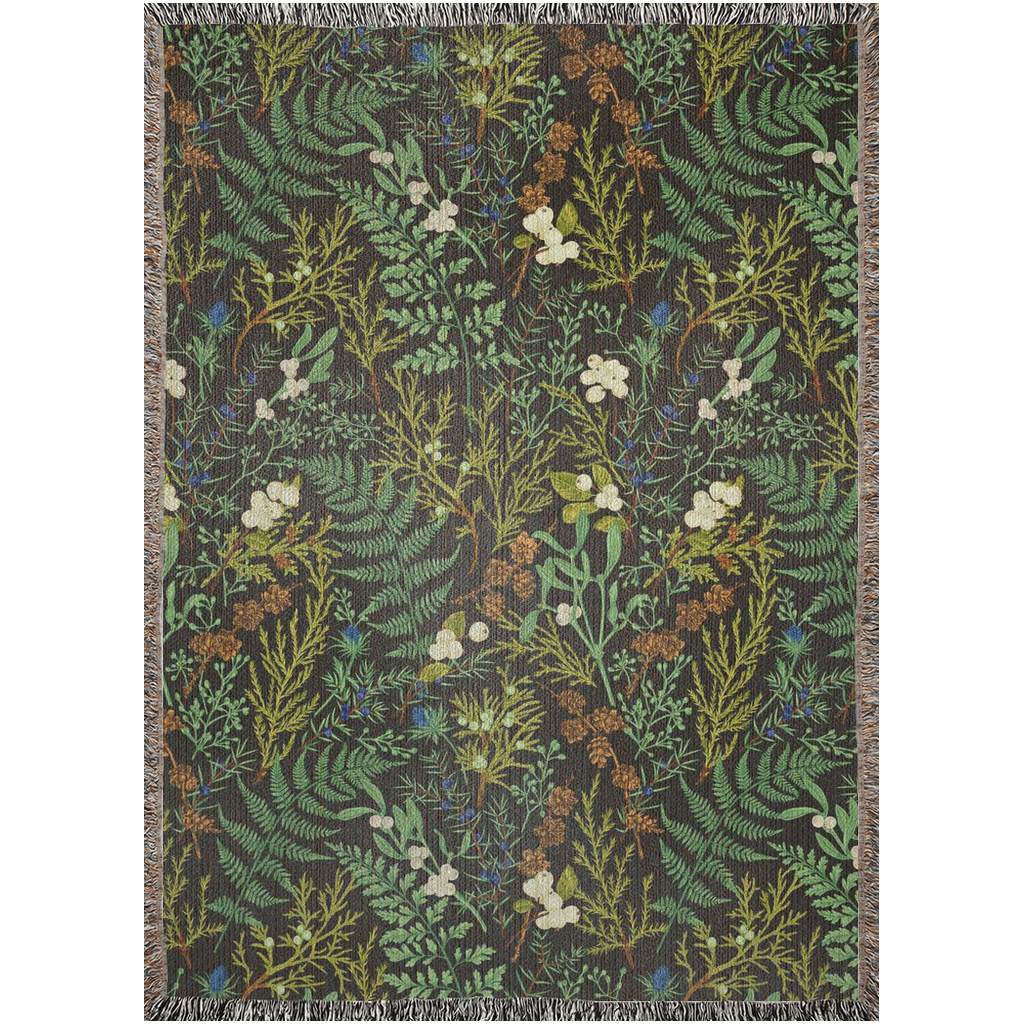 Fern Leaves Woven Blanket. Plant Leaves With green foliage and evergreen plants blanket. Forest deco. Botanical blanket