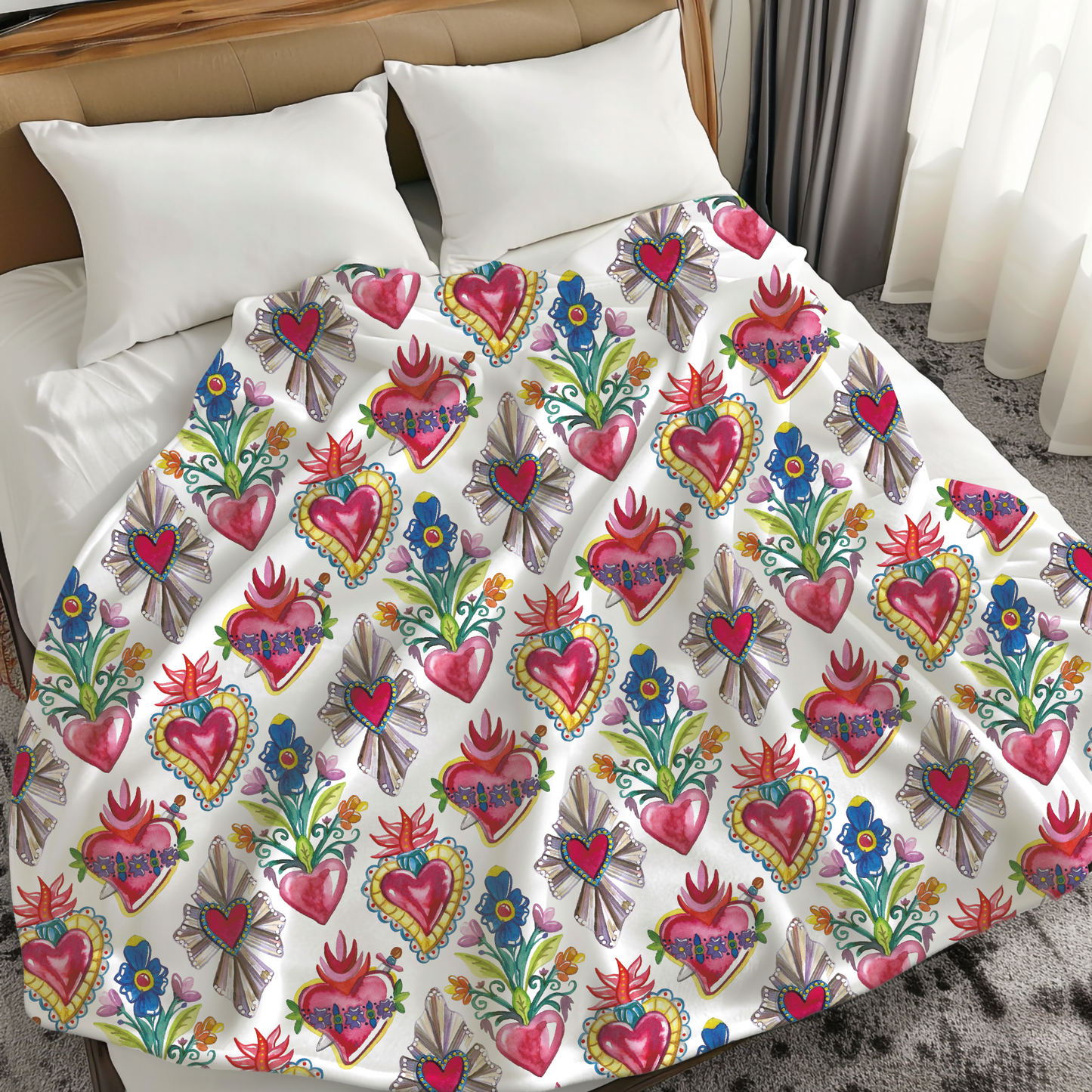 Latin Soft and big Blanket with milagritos desing. Sacred Hearts Printed on Both Sides throw blanket. 80x60β Inches.