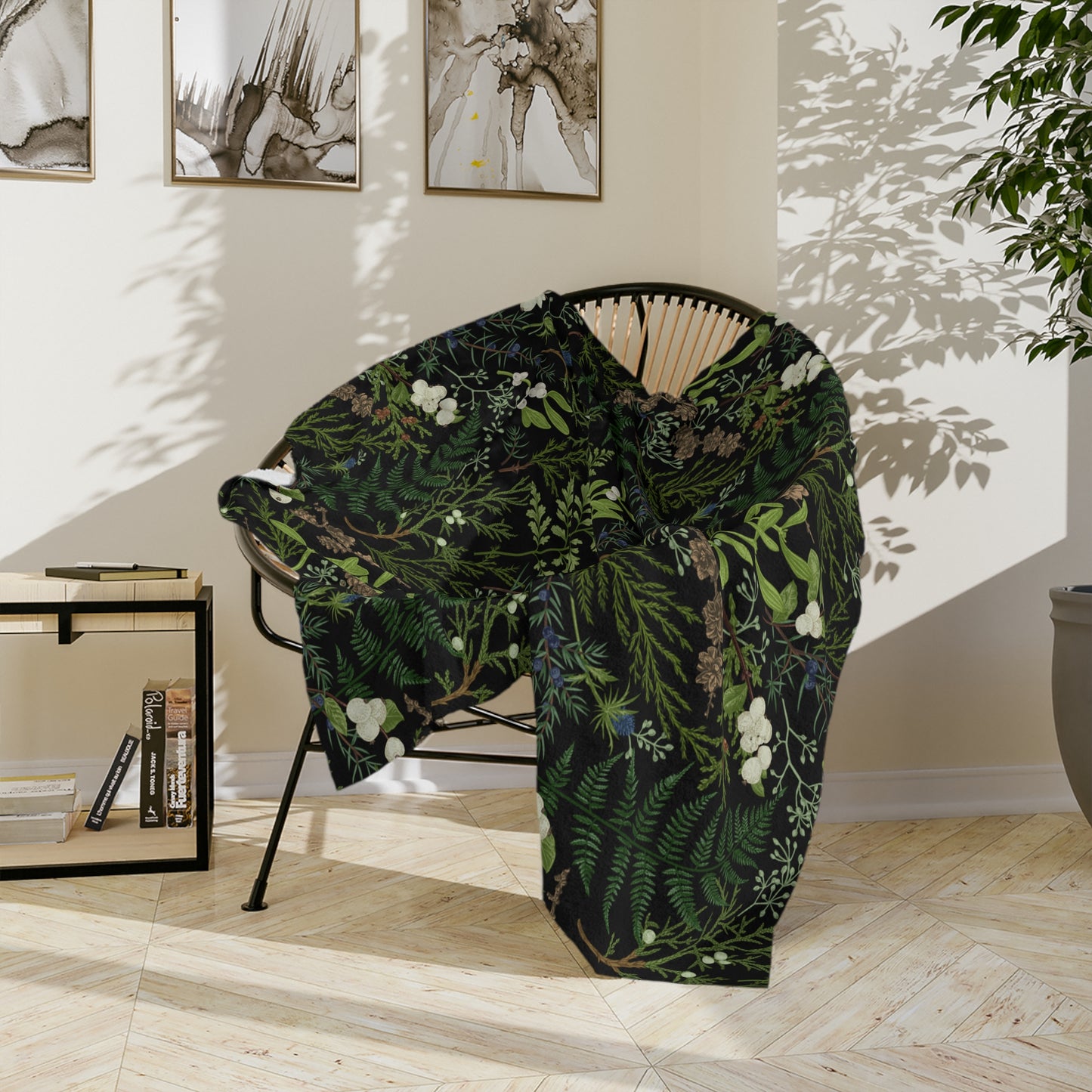 Botanical throw Blanket With plants, Fern Leaves Blanket. Green Plant Leaves with foliage and evergreen plants. Plant throw printed blanket.