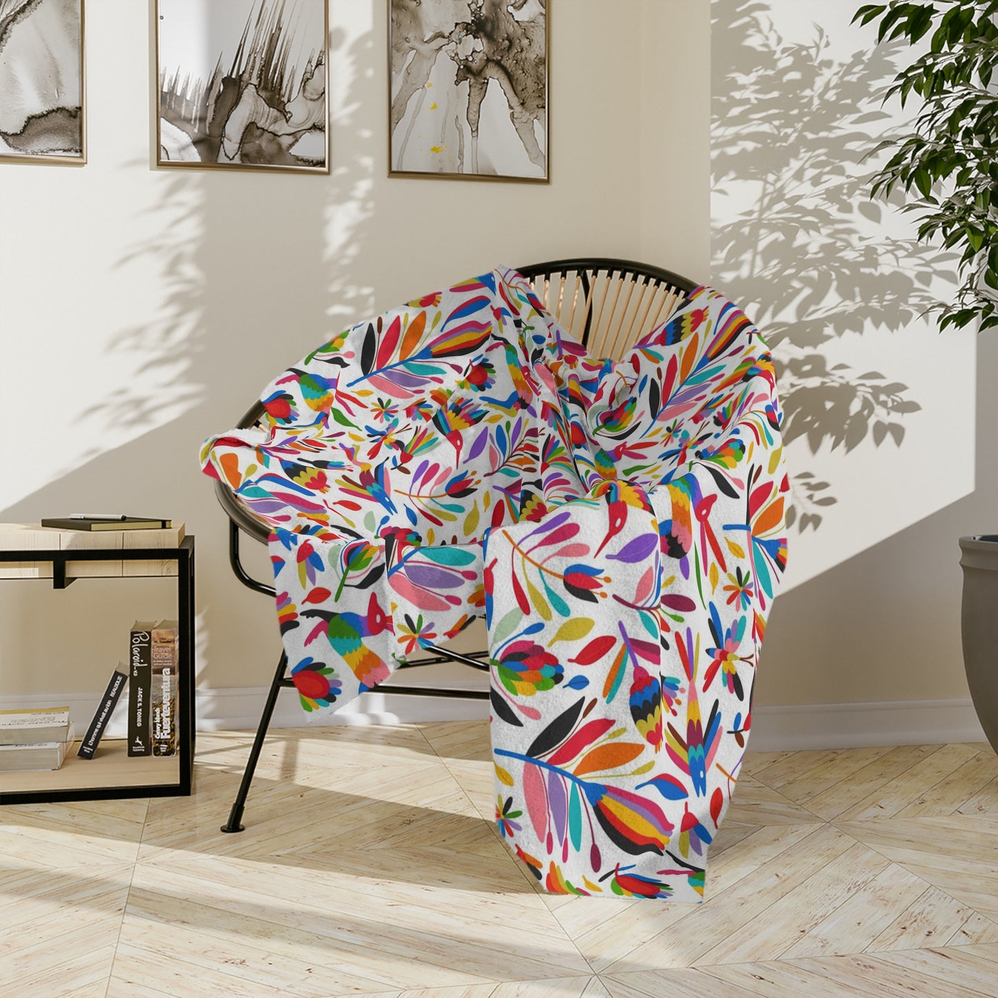 Otomi art Velveteen Minky Blanket for Mexican friends or Mexican family. Mexican blanket with colorful Otomi art.