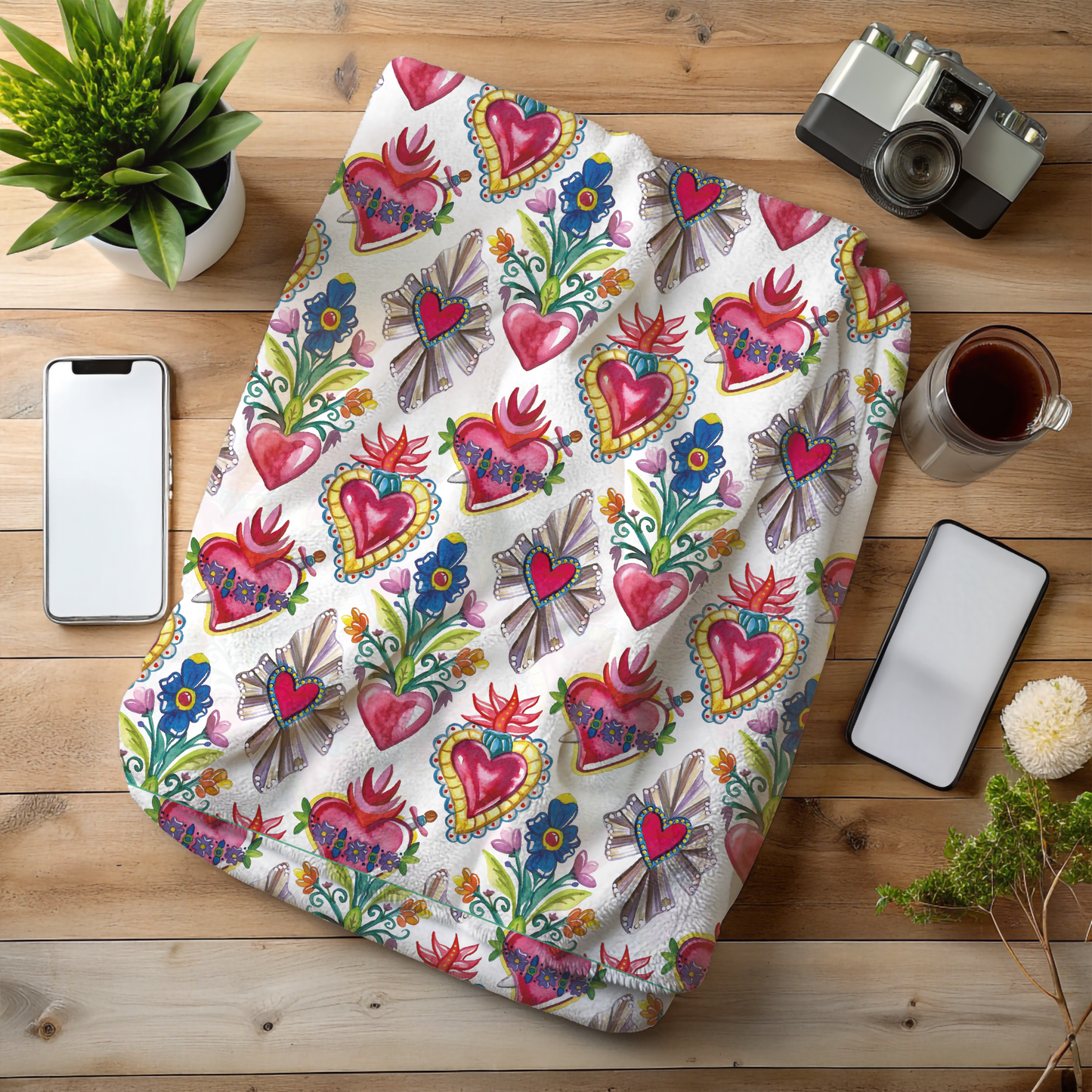 Latin Soft and big Blanket with milagritos desing. Sacred Hearts Printed on Both Sides throw blanket. 80x60β Inches.
