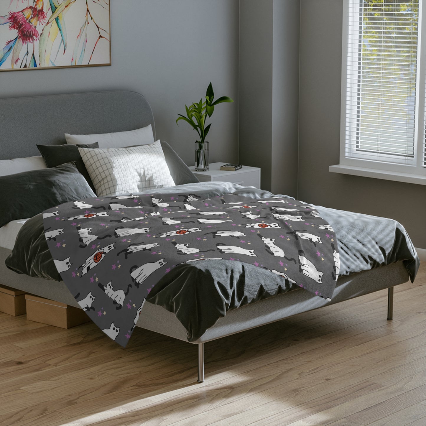 Black Cat ghost Halloween Velveteen Minky Blanket. Cute black cat with Jack o lanter bucket. Halloween blanket for her or him