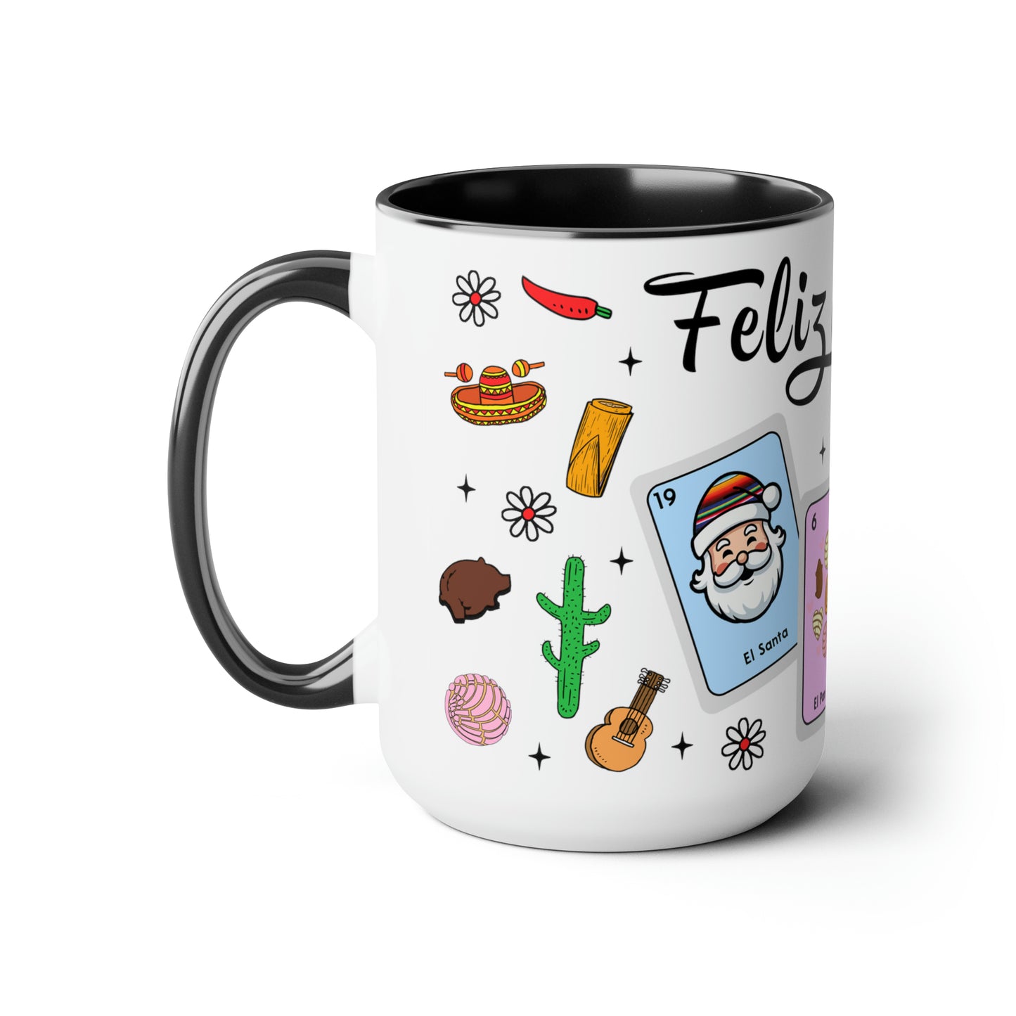 Feliz navidad Coffee Mugs, 15oz for Mexican family or Latin friend. Mexica cup for him or her. El burrito sabanero, los tamales, el Santa.