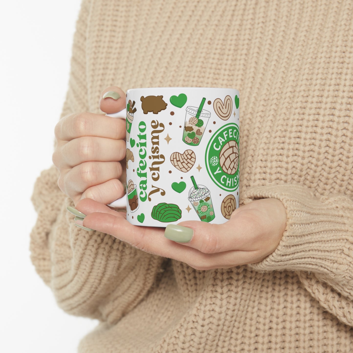 Green chismecito y cafe Ceramic Mug 11oz for comadres and best friends . Godmothers Christmas gift ideas. Navidad gift for Mexican family. Mexican coffee