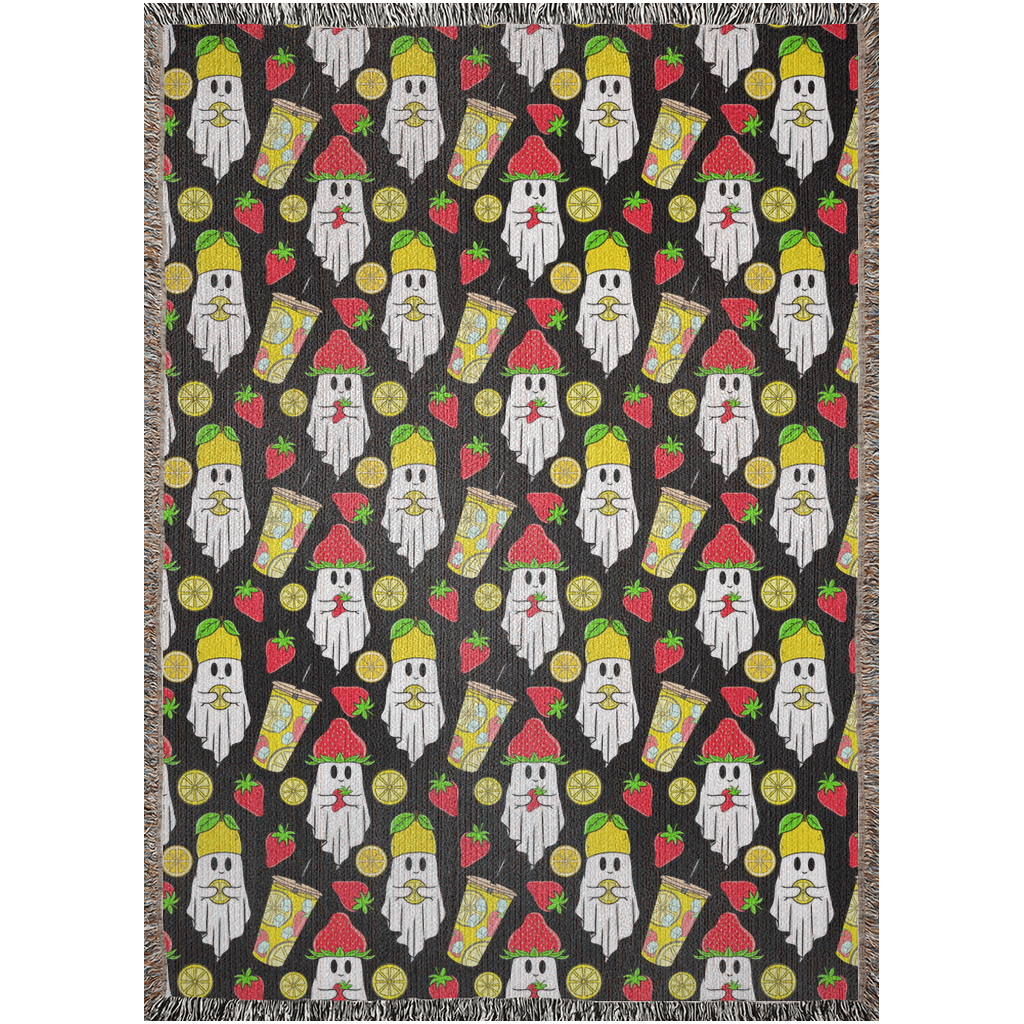 Ghost Woven Blankets. Ghost holding lemon blanket and ghost holding strawberry woven blanket. Gift for Halloween lover.