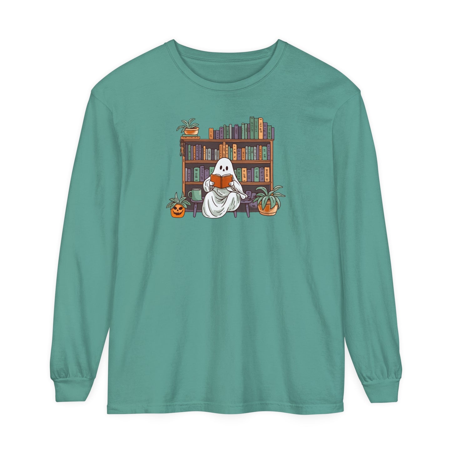 Ghost reading Unisex Long Sleeve T-Shirt for spooky season and book lover. Comfort color tee. Bookworm gift, Halloween gift