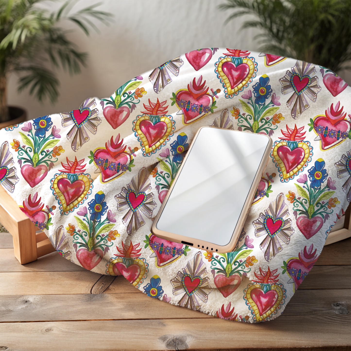 Latin Soft and big Blanket with milagritos desing. Sacred Hearts Printed on Both Sides throw blanket. 80x60β Inches.