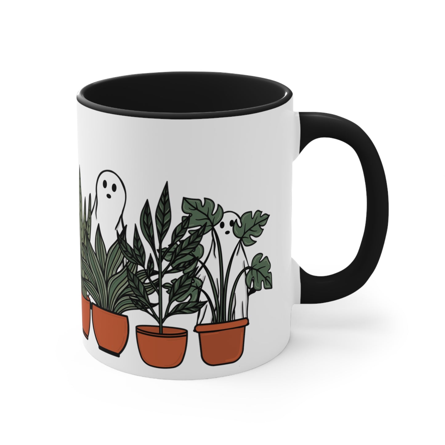 Potted plants and ghosts ceramic Coffee Mug, 11oz for him or her. Cute Halloween coffee mug with house plants for plant lady or plant daddy.