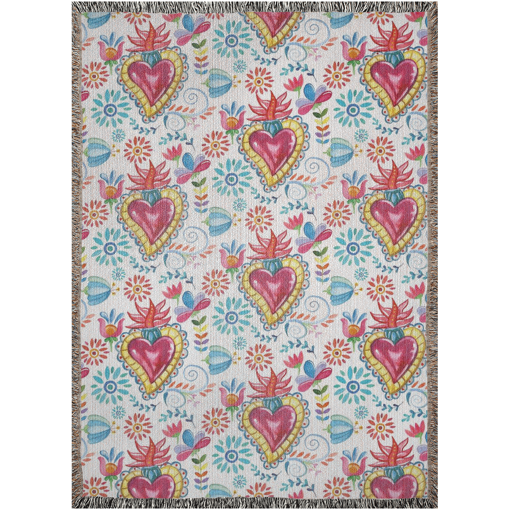 Sacred hearts with blue flowers Woven Blankets. Mexican folk blanket for her. Sagrado corazon. Milagritos cobija