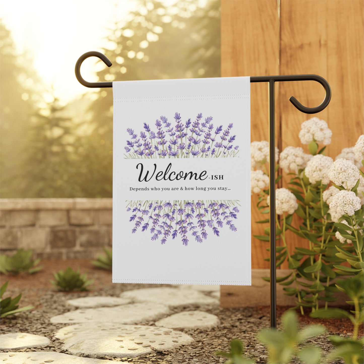 Funny welcome garden flag with lavender flowers design.
