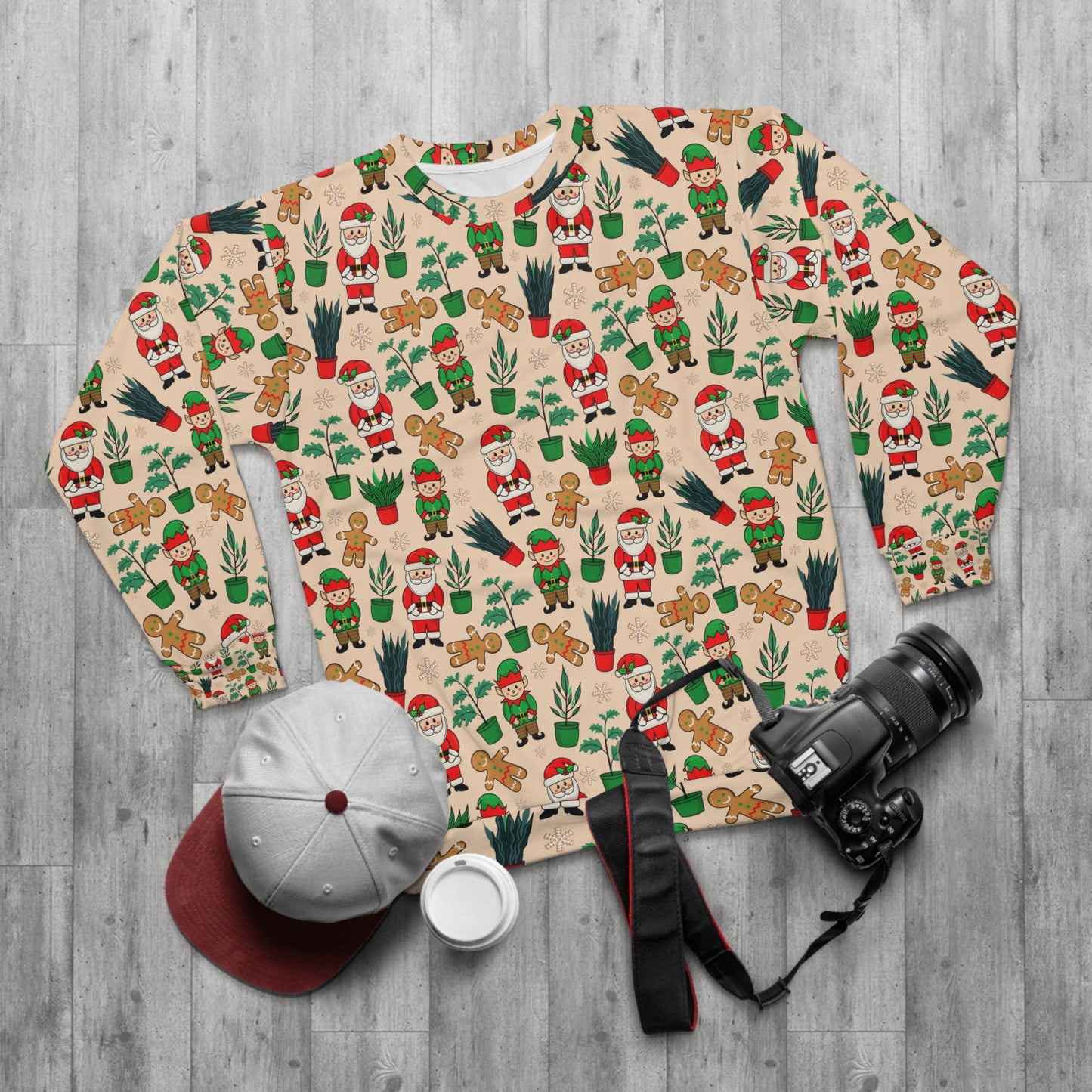 Christmas ugly sweater for plant lady or plant daddy. Unisex Sweatshirt with house plants, elf, Santa Clous and ginger bread man.