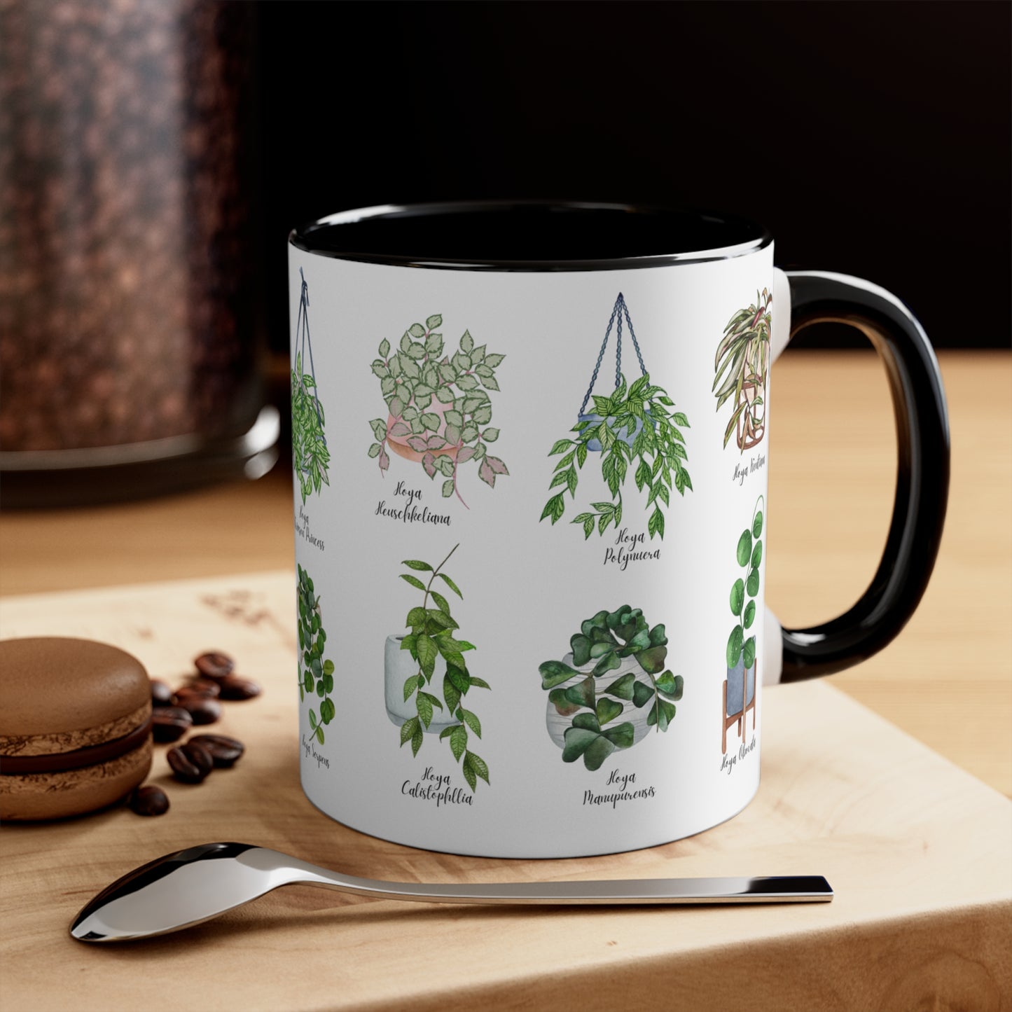 Hoya plants coffee Ceramic Mug 11oz. Plant coffee for hoya plant lover. 14 differents hoya plants illustrations on black or pink coffee mug.