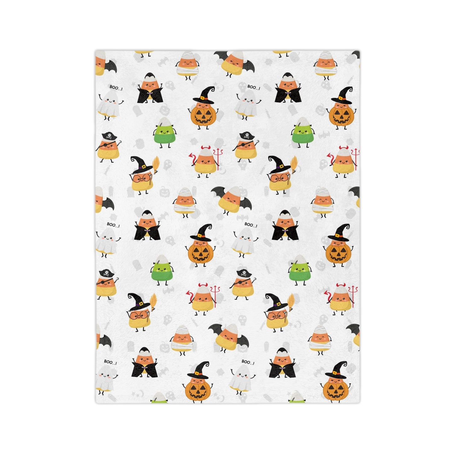 Halloween Blanket with candy corn for spooky season. Candy corns with Halloween costumes for Halloween lovers