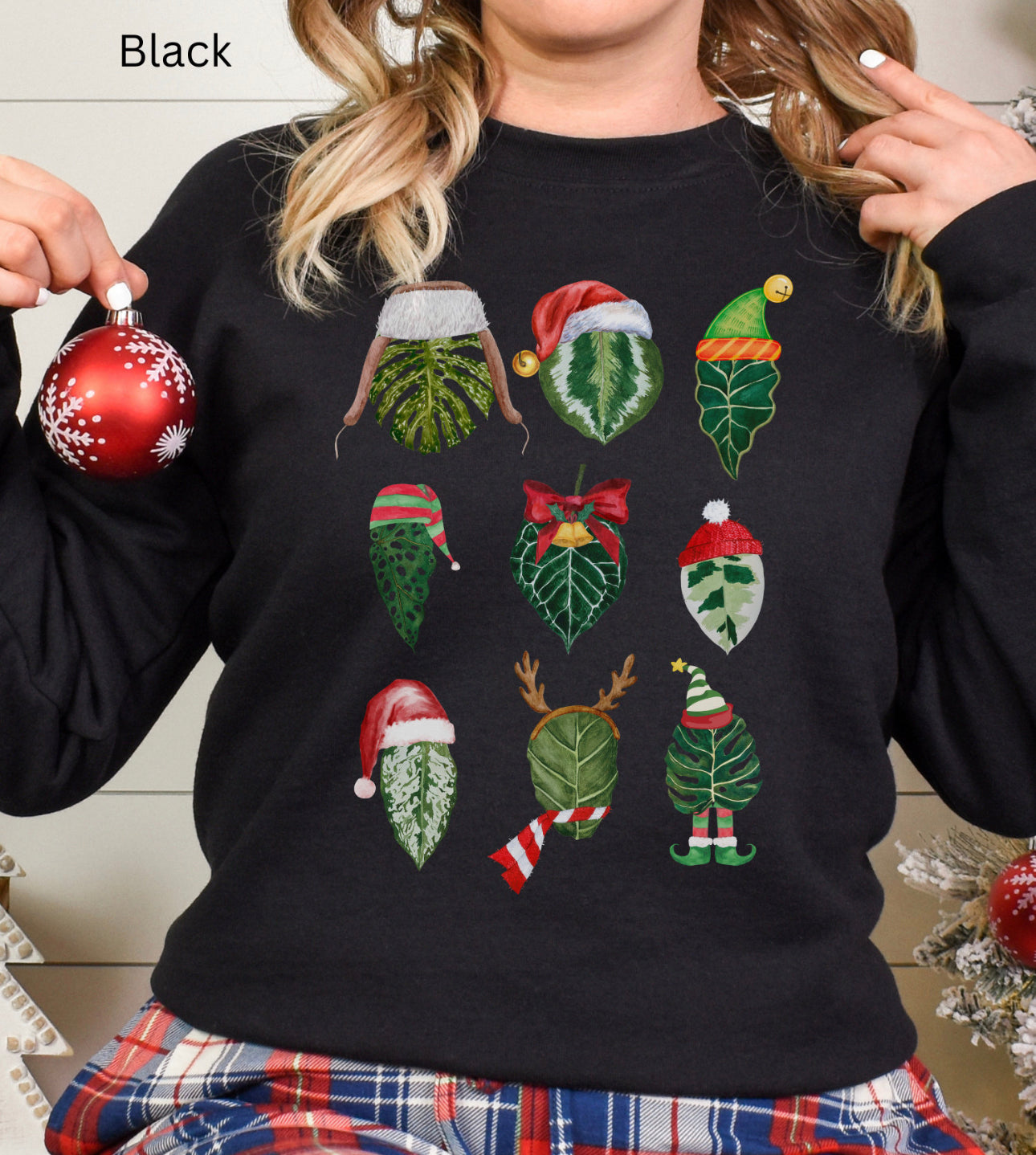 Christmas plant Sweatshirt with monstera, alocasia, ficus, calathea with christmas accessories for plant daddy, plant lady or plant mama.