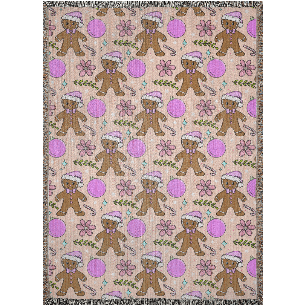 Cute gingerbread man Woven Blanket with pink Christmas decor for holiday season.