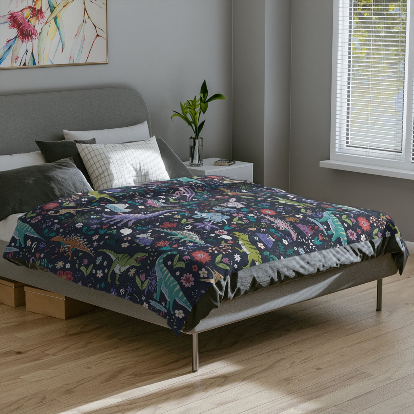 Dinosaur world Velveteen Minky Blanket with dark background.