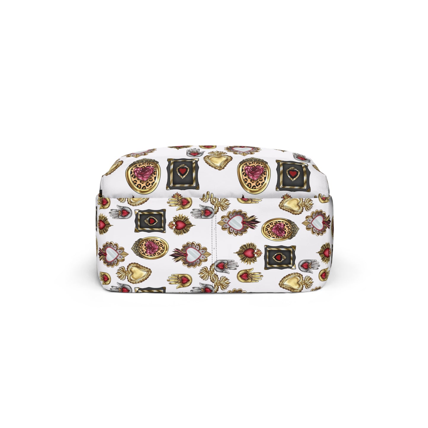 Sacred hearts Backpack for her. Back to school 2023 with this Mexican book bag. Golden, white, black and red backpack with holy hearts.