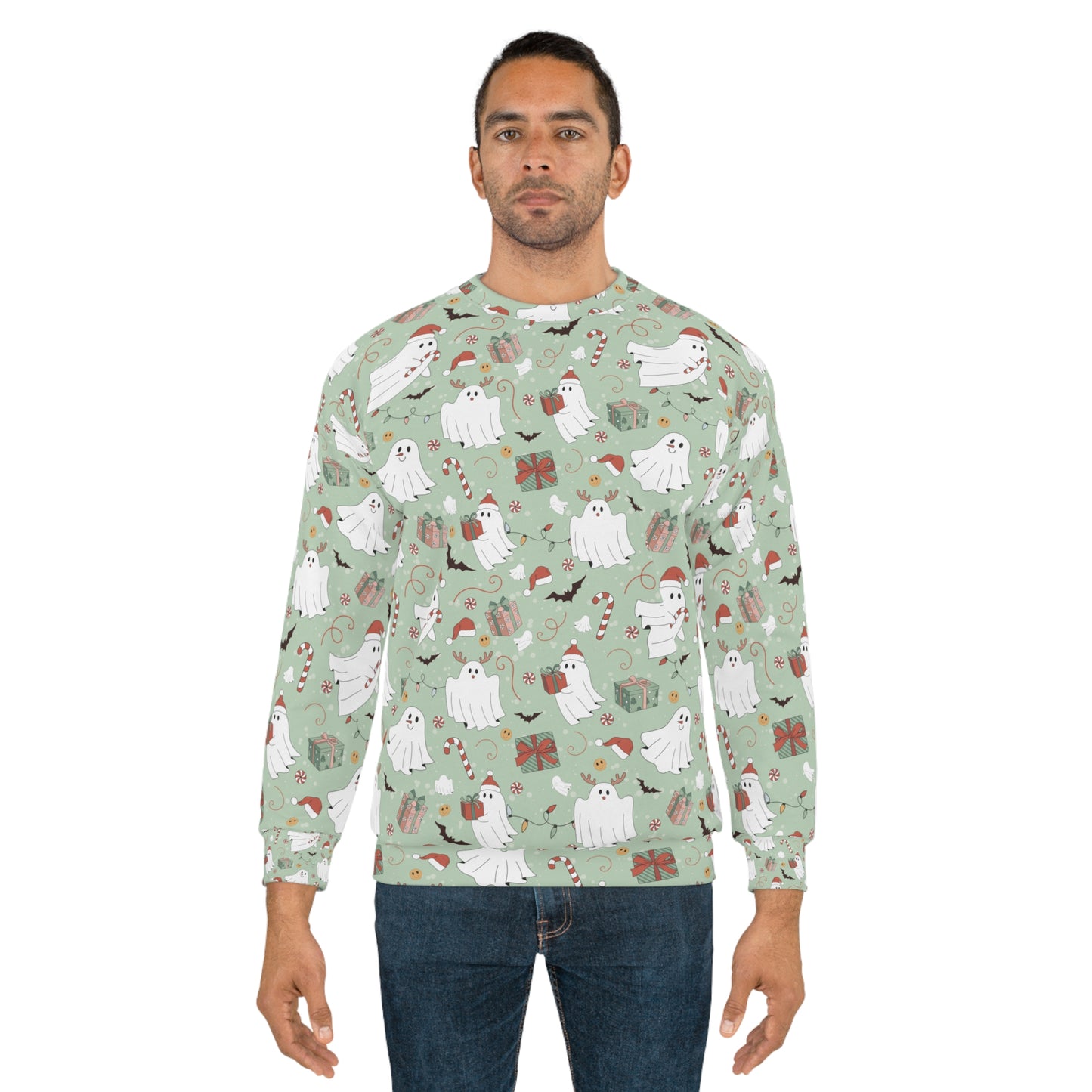 Cute ghost with Christmas vibes Unisex Sweatshirt for holiday season.