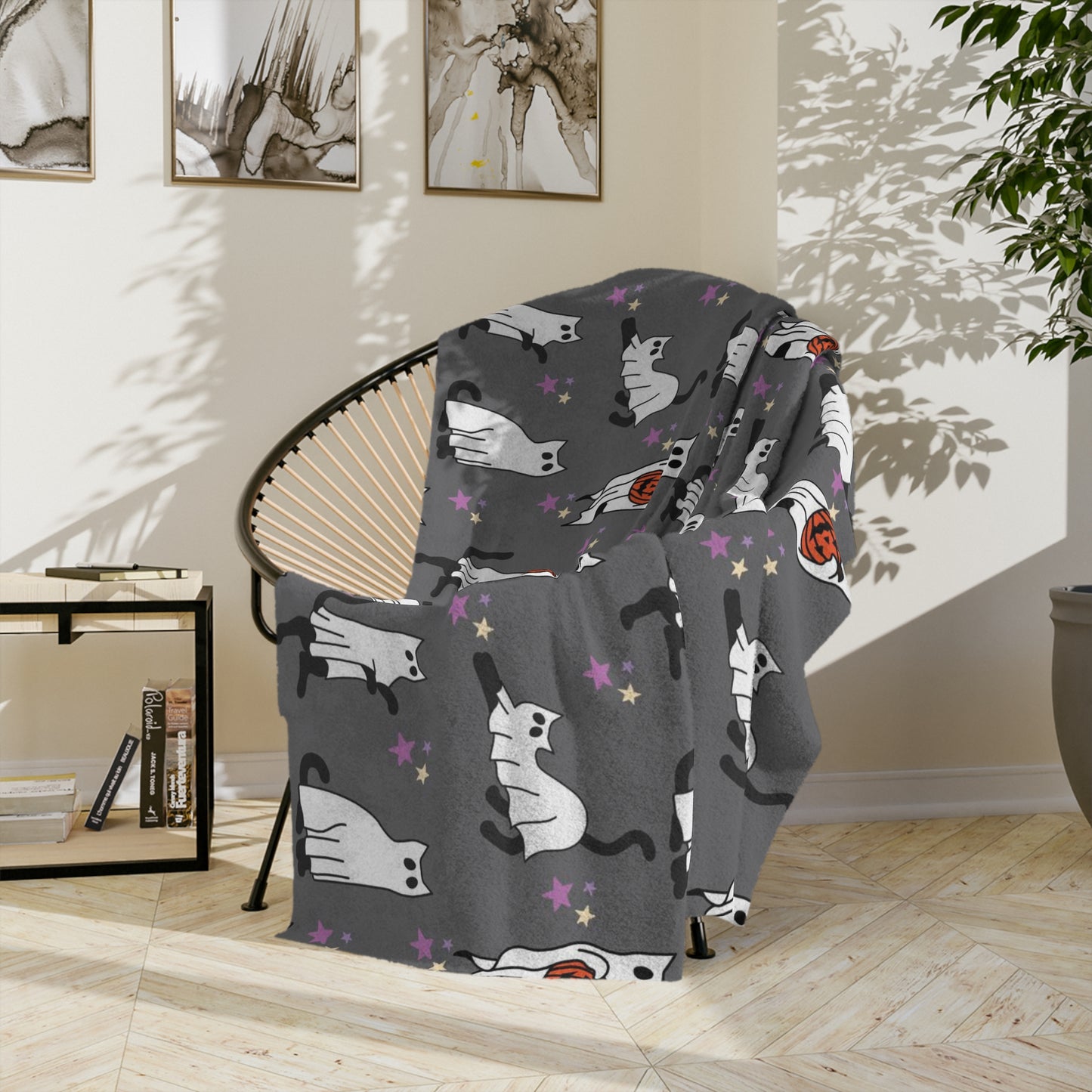 Black Cat ghost Halloween Velveteen Minky Blanket. Cute black cat with Jack o lanter bucket. Halloween blanket for her or him