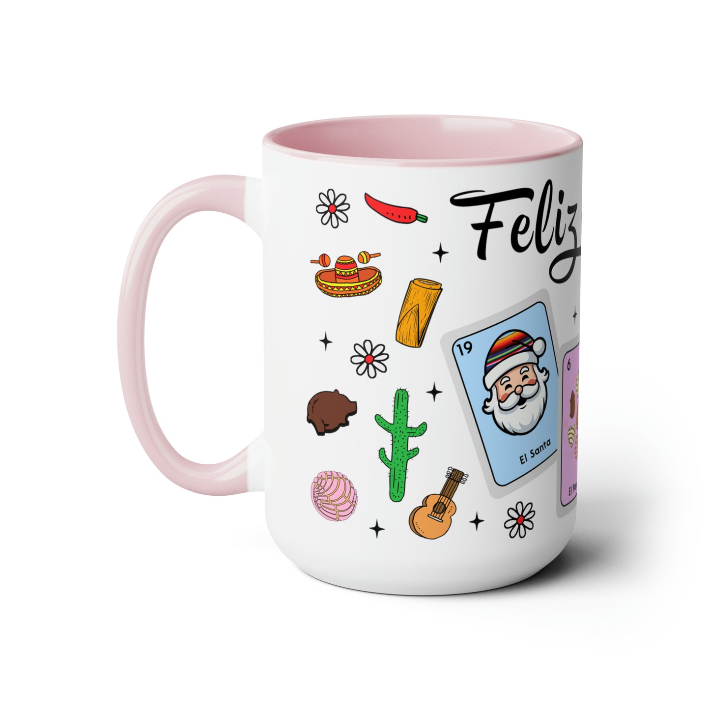 Feliz navidad Coffee Mugs, 15oz for Mexican family or Latin friend. Mexica cup for him or her. El burrito sabanero, los tamales, el Santa.