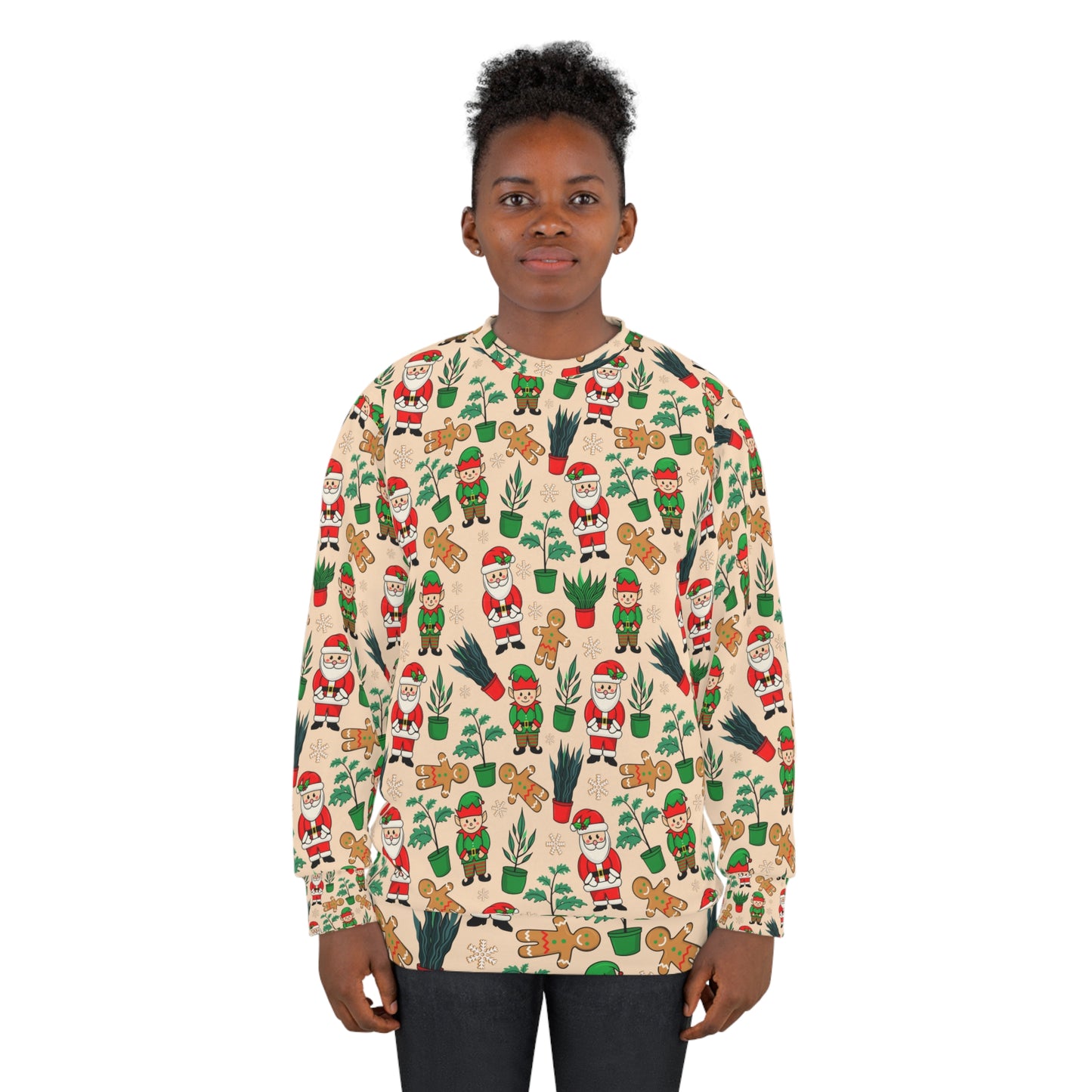 Christmas ugly sweater for plant lady or plant daddy. Unisex Sweatshirt with house plants, elf, Santa Clous and ginger bread man.