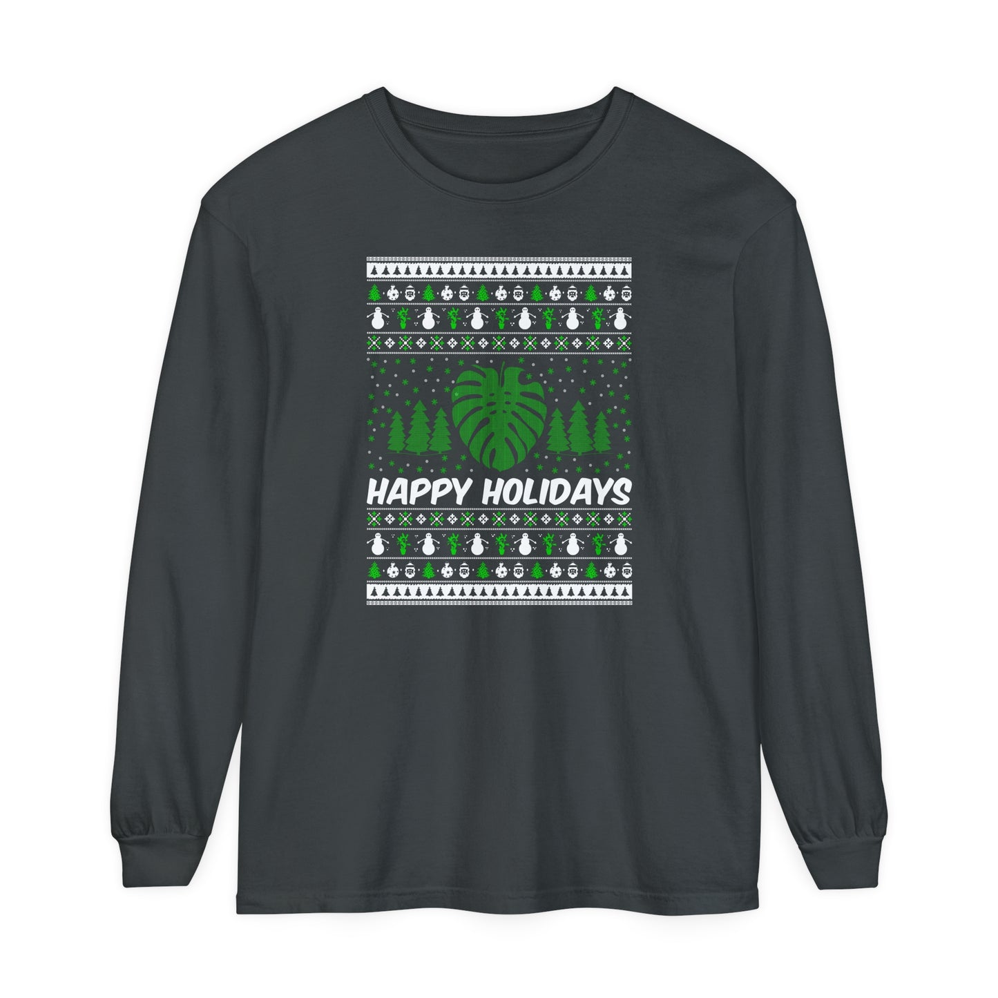 Happy holidays ugly sweater Unisex Jersey Long Sleeve Tee. Christmas ugly sweater with monstera leaf and snow flakes.