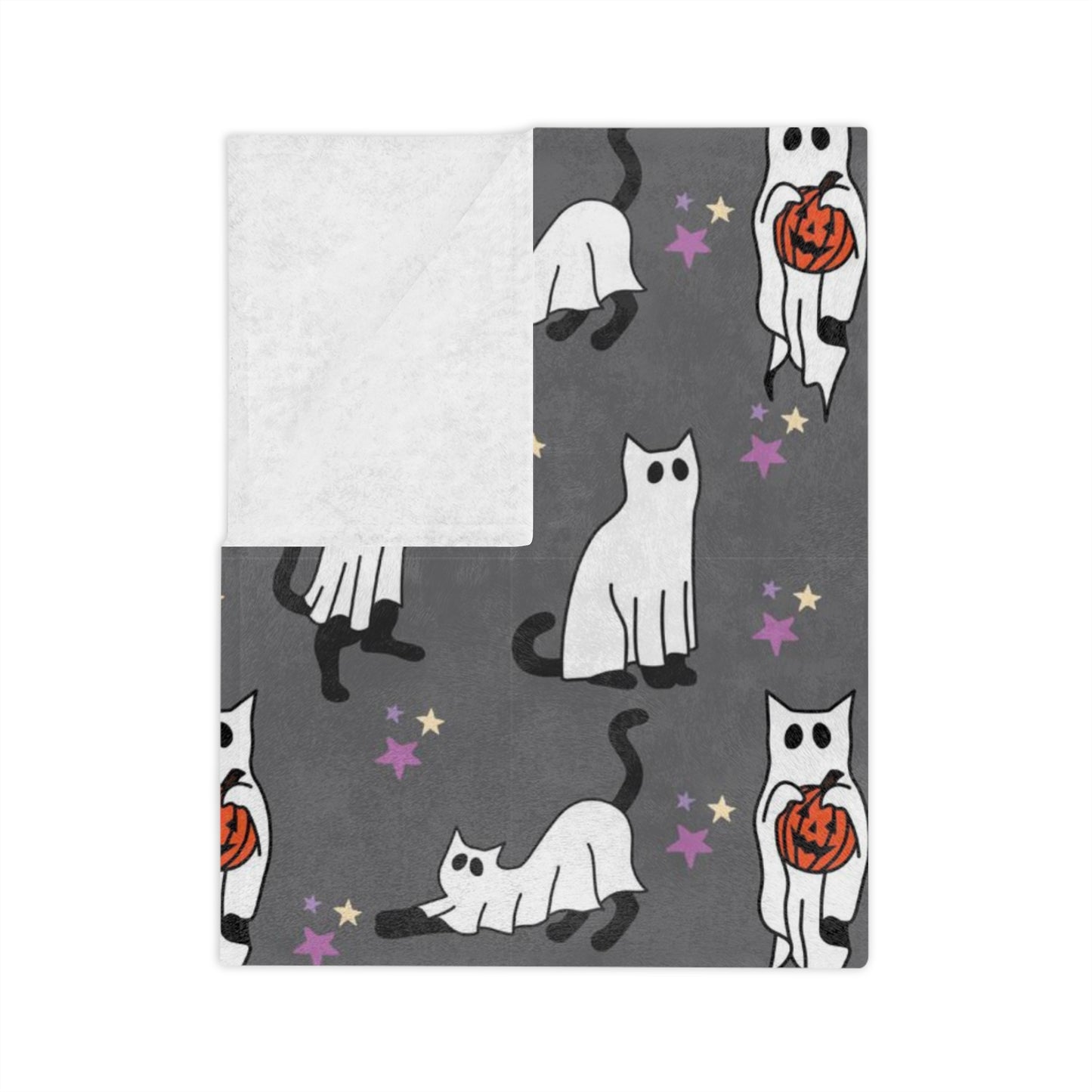 Black Cat ghost Halloween Velveteen Minky Blanket. Cute black cat with Jack o lanter bucket. Halloween blanket for her or him