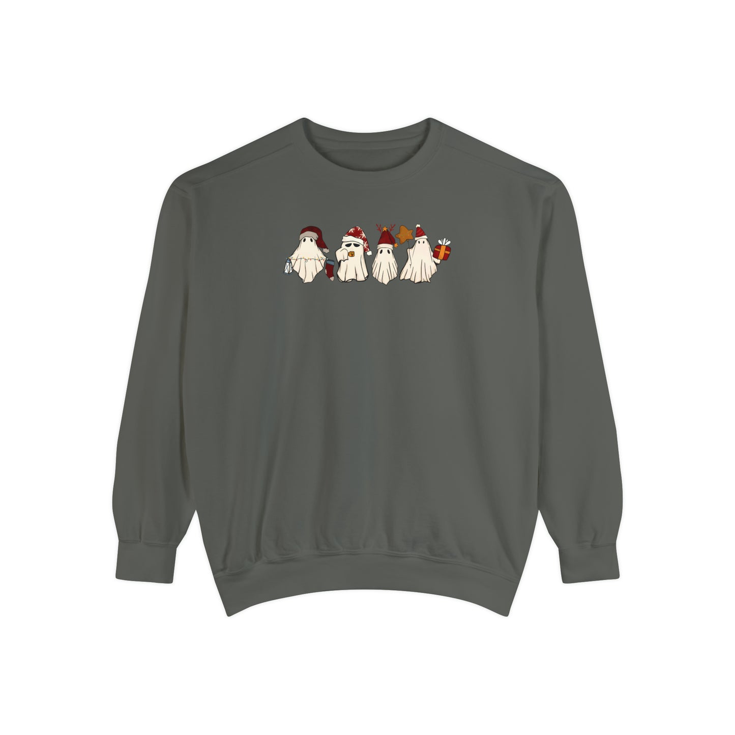Christmas ghost Unisex Sweatshirt comfort colors. Cute ghosts with Christmas accessories for her or him. Holiday sweatshirts