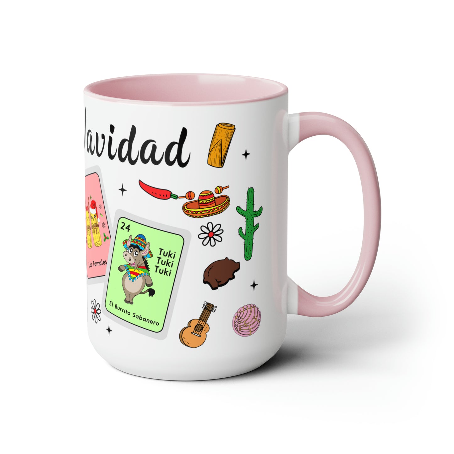 Feliz navidad Coffee Mugs, 15oz for Mexican family or Latin friend. Mexica cup for him or her. El burrito sabanero, los tamales, el Santa.