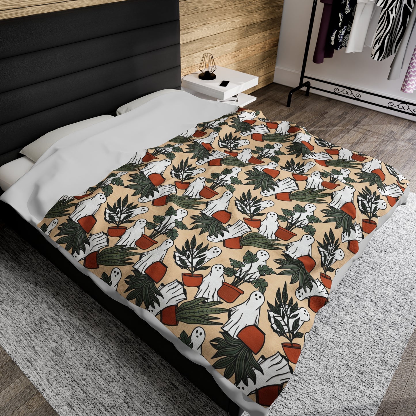 Ghost blanket for plant lovers. Ghosts and Potted Plants Flannel soft Blanket, 80x60” - Halloween Design, Double Sided Print