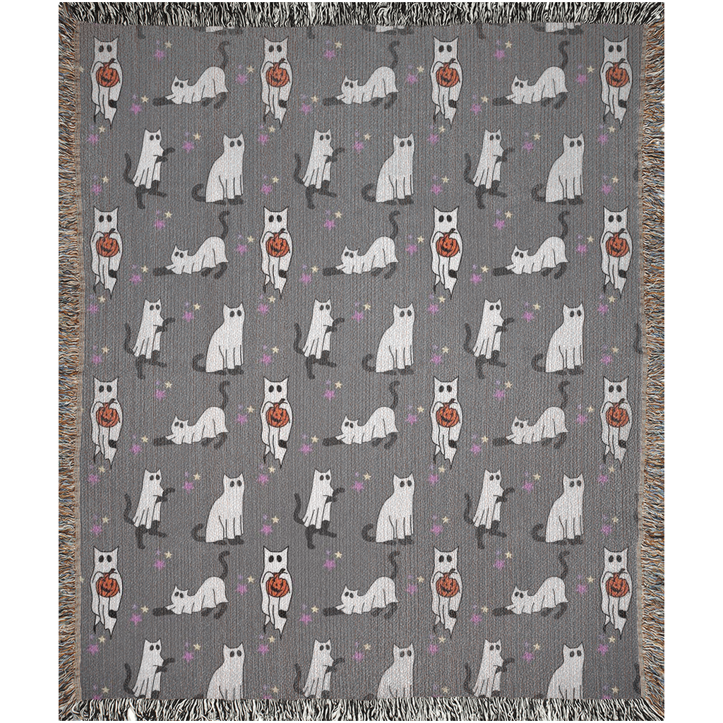Ghost cats Woven Blankets for cat lovers and Halloween lovers. Cute spooky home decor.