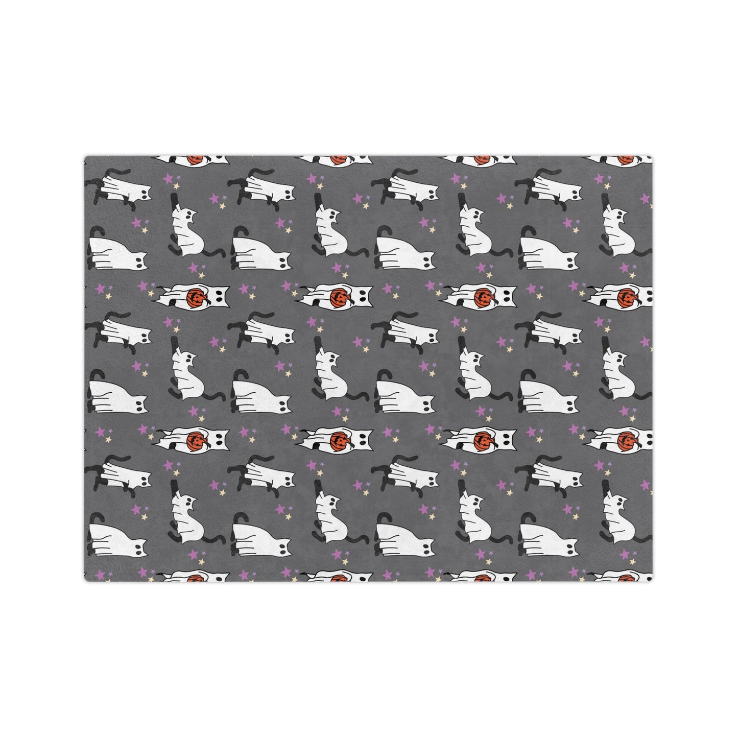 Black Cat ghost Halloween Velveteen Minky Blanket. Cute black cat with Jack o lanter bucket. Halloween blanket for her or him