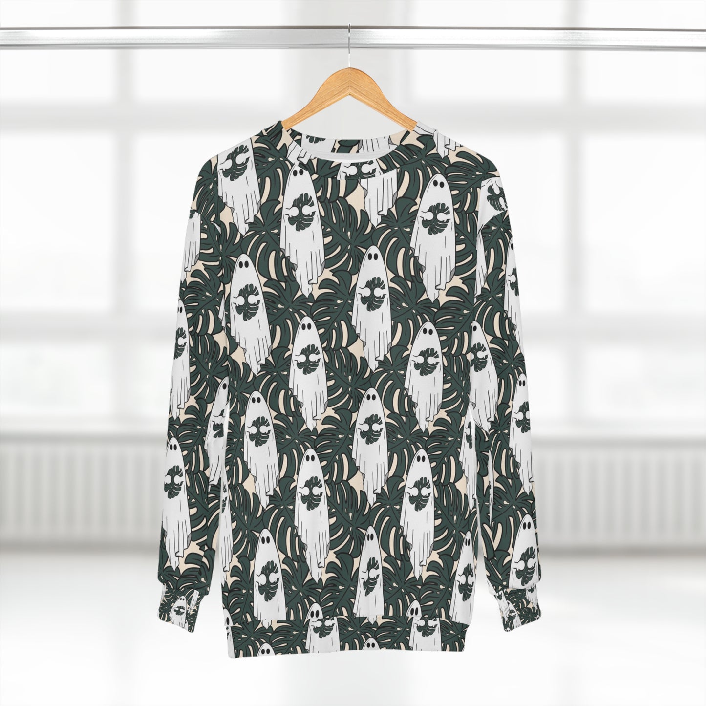 Monstera leaves and cute ghost Unisex Sweatshirt for plant lover and Halloween lover. LIMITED TIME.