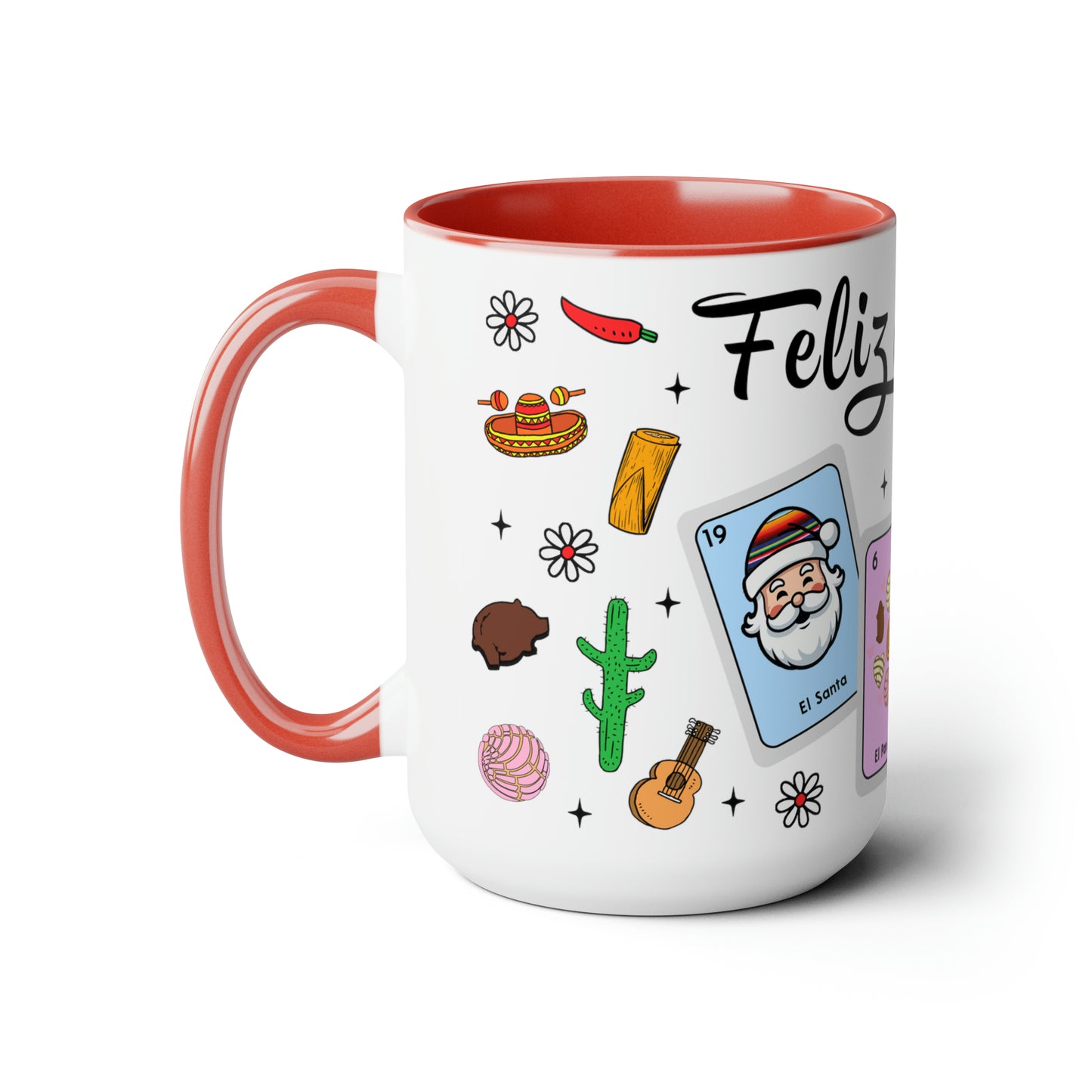 Feliz navidad Coffee Mugs, 15oz for Mexican family or Latin friend. Mexica cup for him or her. El burrito sabanero, los tamales, el Santa.