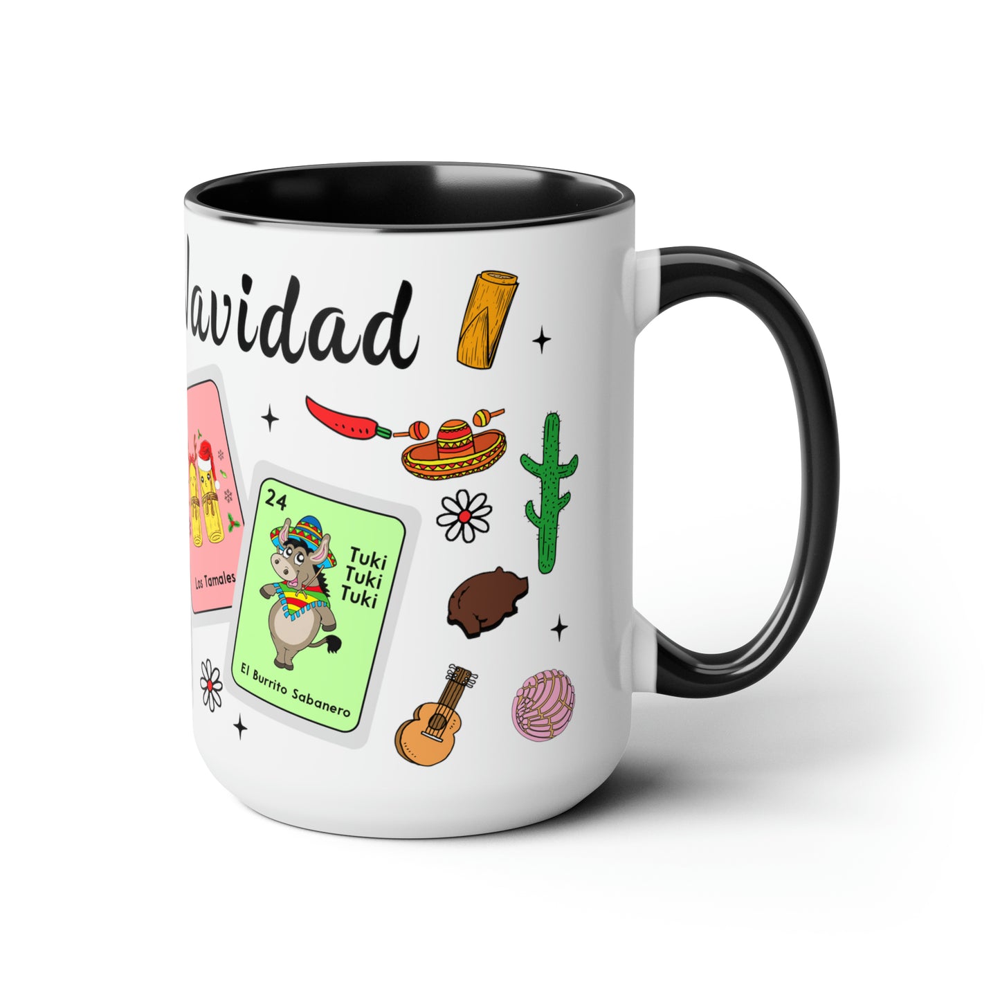 Feliz navidad Coffee Mugs, 15oz for Mexican family or Latin friend. Mexica cup for him or her. El burrito sabanero, los tamales, el Santa.